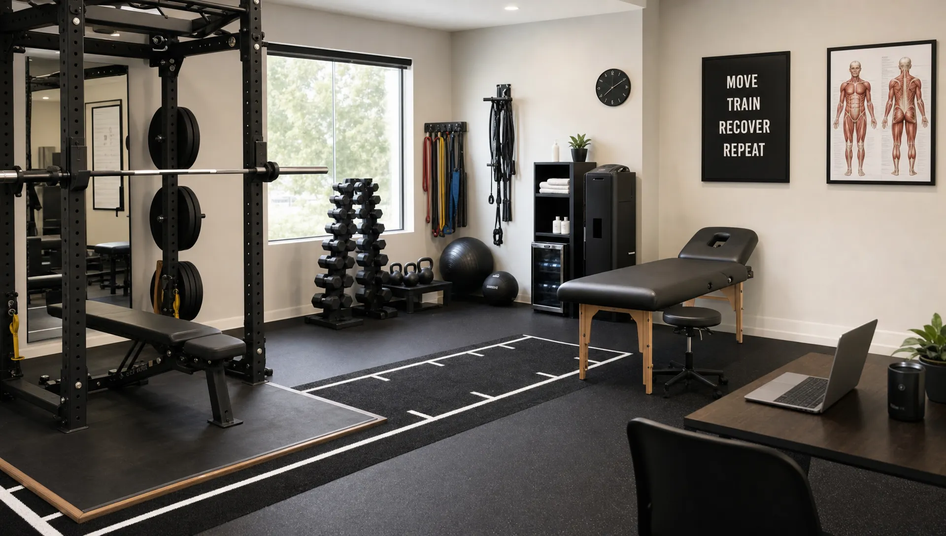 A private training studio with strength equipment, recovery tools, and assessment space arranged neatly for a one-on-one coaching session.