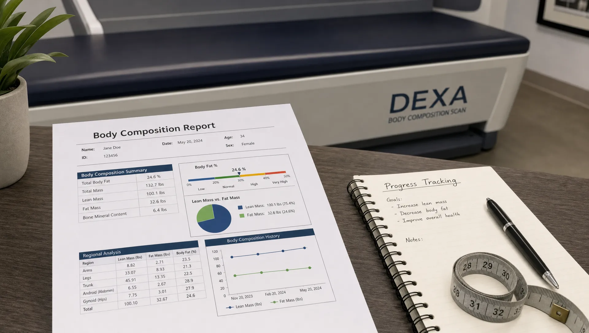 A close-up indoor scene with a printed body composition report, a notebook, and a measuring tape arranged neatly beside a DEXA scan table for a progress tracking session.