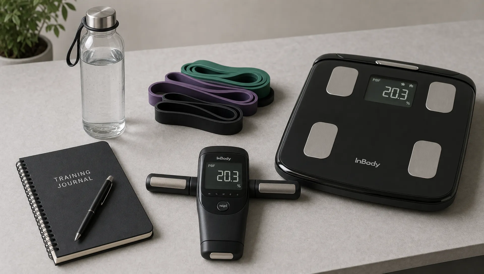 A clean tabletop arrangement with a notebook, water bottle, resistance bands, and body composition testing equipment laid out neatly on a studio counter, representing a balanced approach to tracking workouts, recovery, and health data.