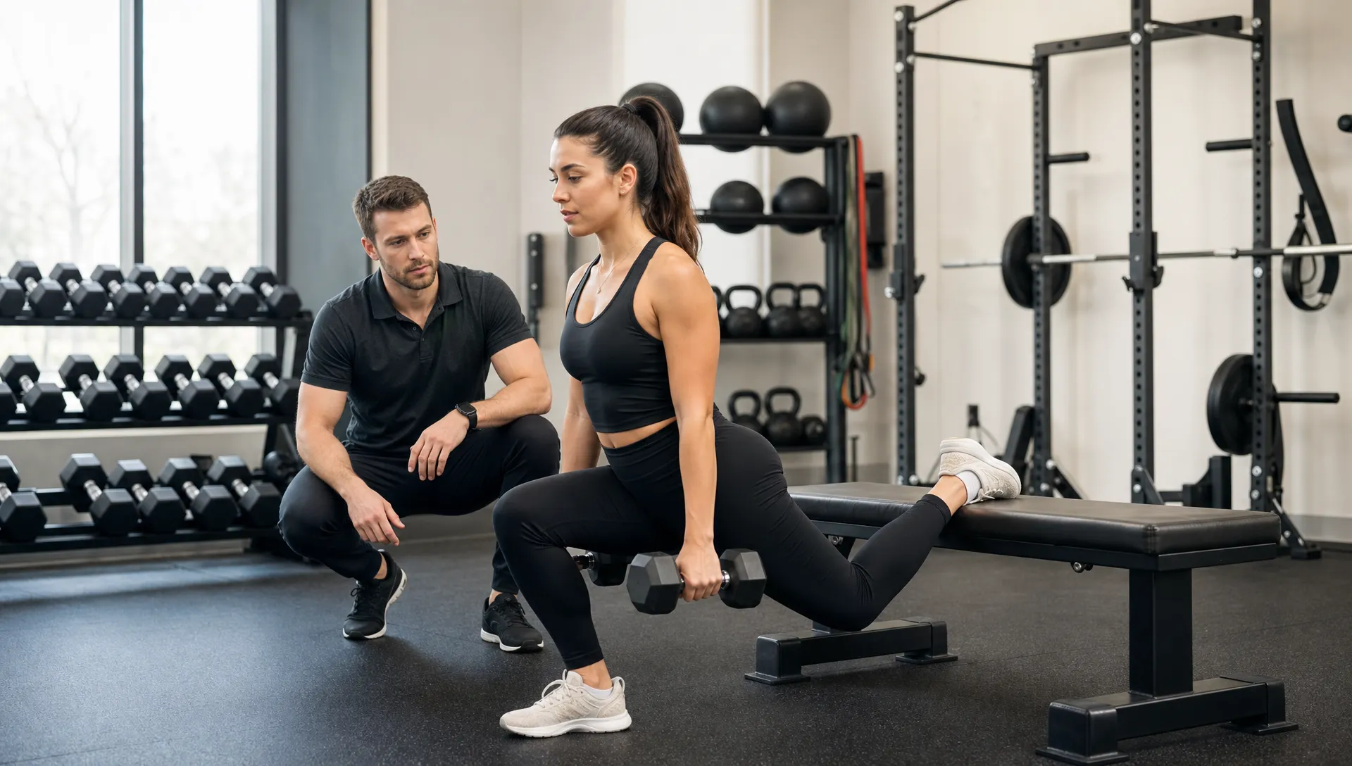 A trainer watches a client perform a controlled dumbbell exercise in a modern training studio, with neatly arranged strength equipment in the background and the coach focused on posture and technique.
