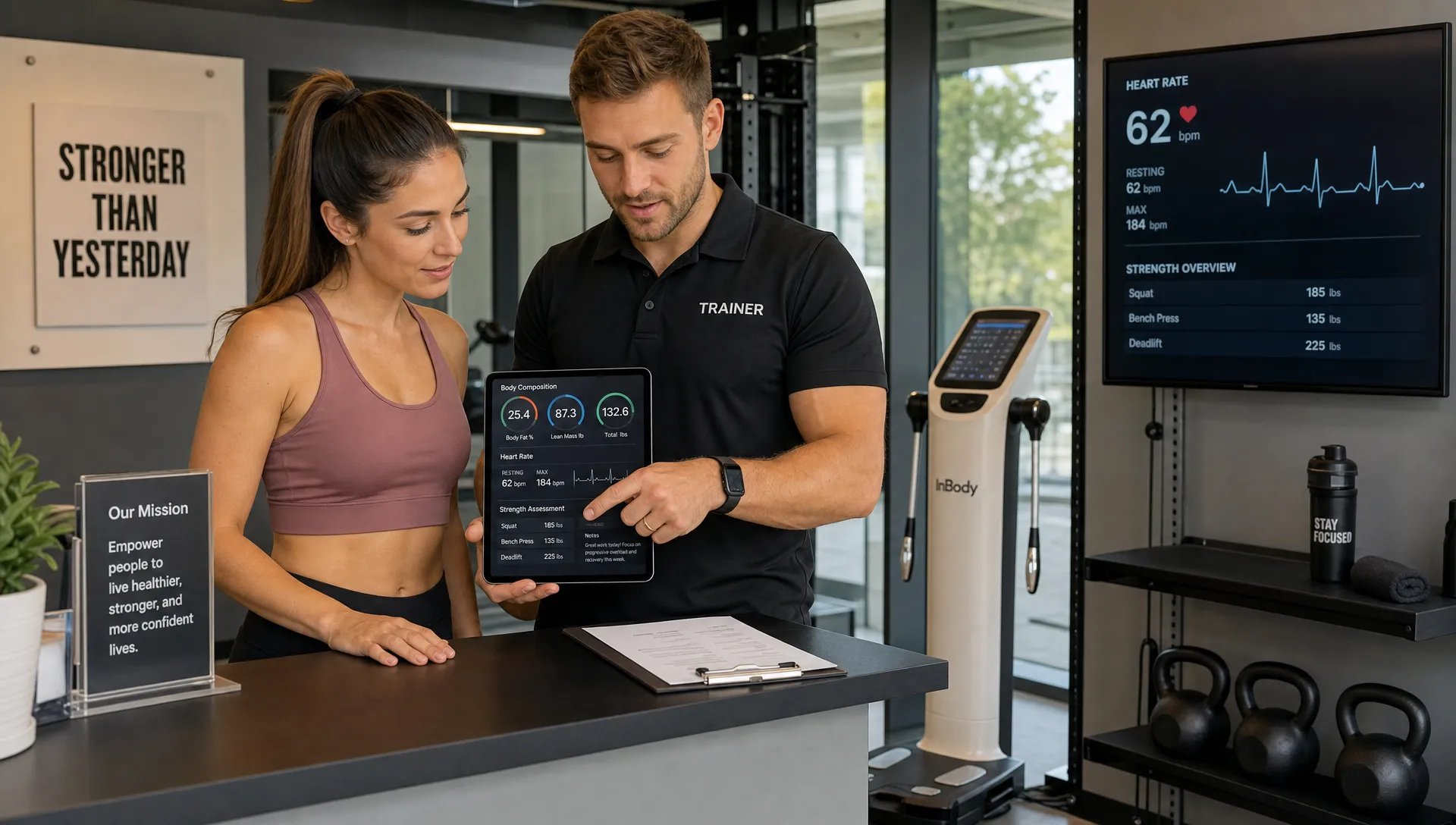 A personal trainer and client stand beside a consultation counter in a modern fitness studio, looking over body composition results, heart-rate data, and strength assessment notes with testing equipment visible nearby.