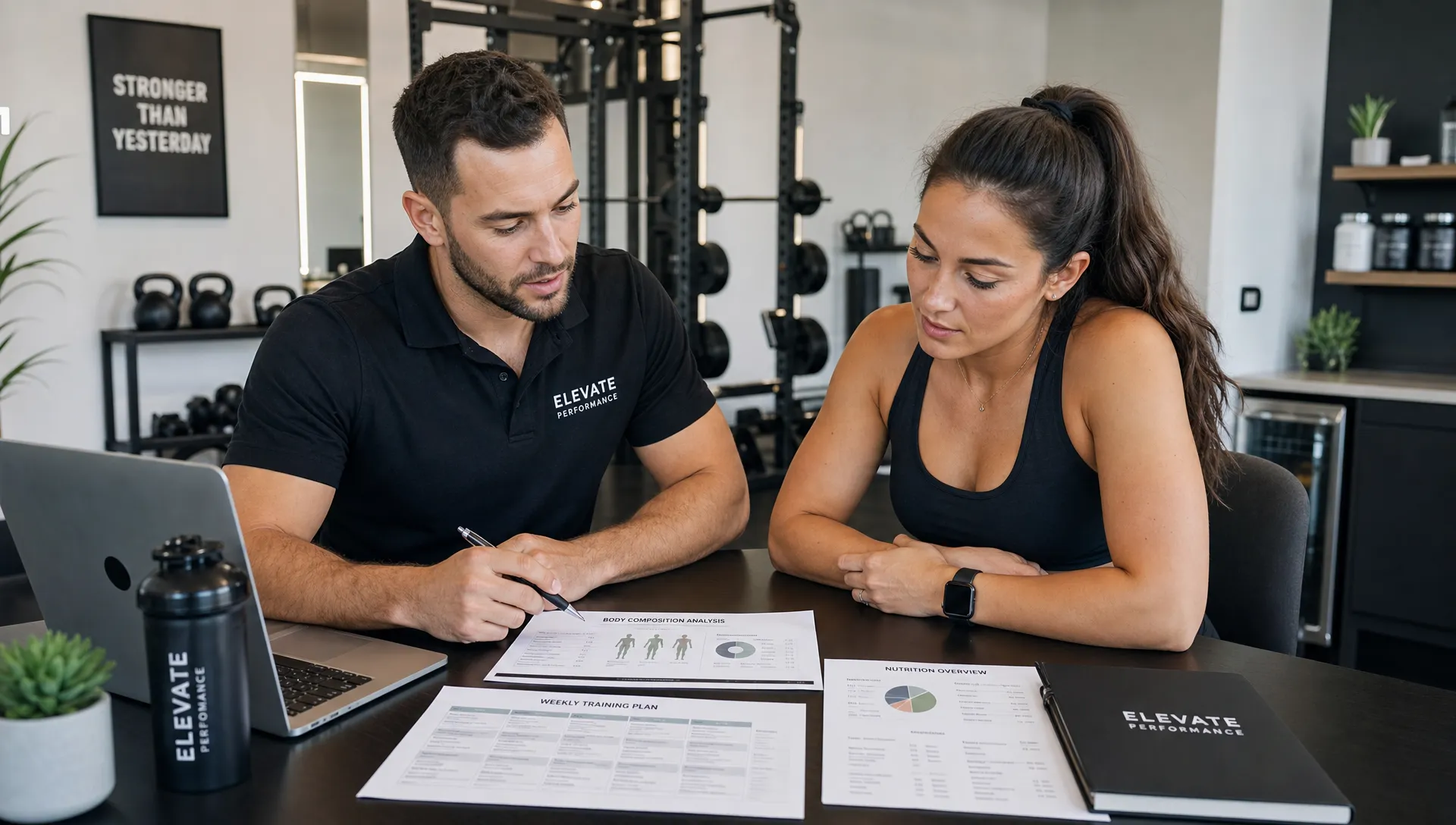 A personal trainer and nutrition coach reviewing fitness assessment notes, body composition results, and a weekly training plan with a client at a consultation table inside a modern wellness studio, with strength equipment visible in the background.