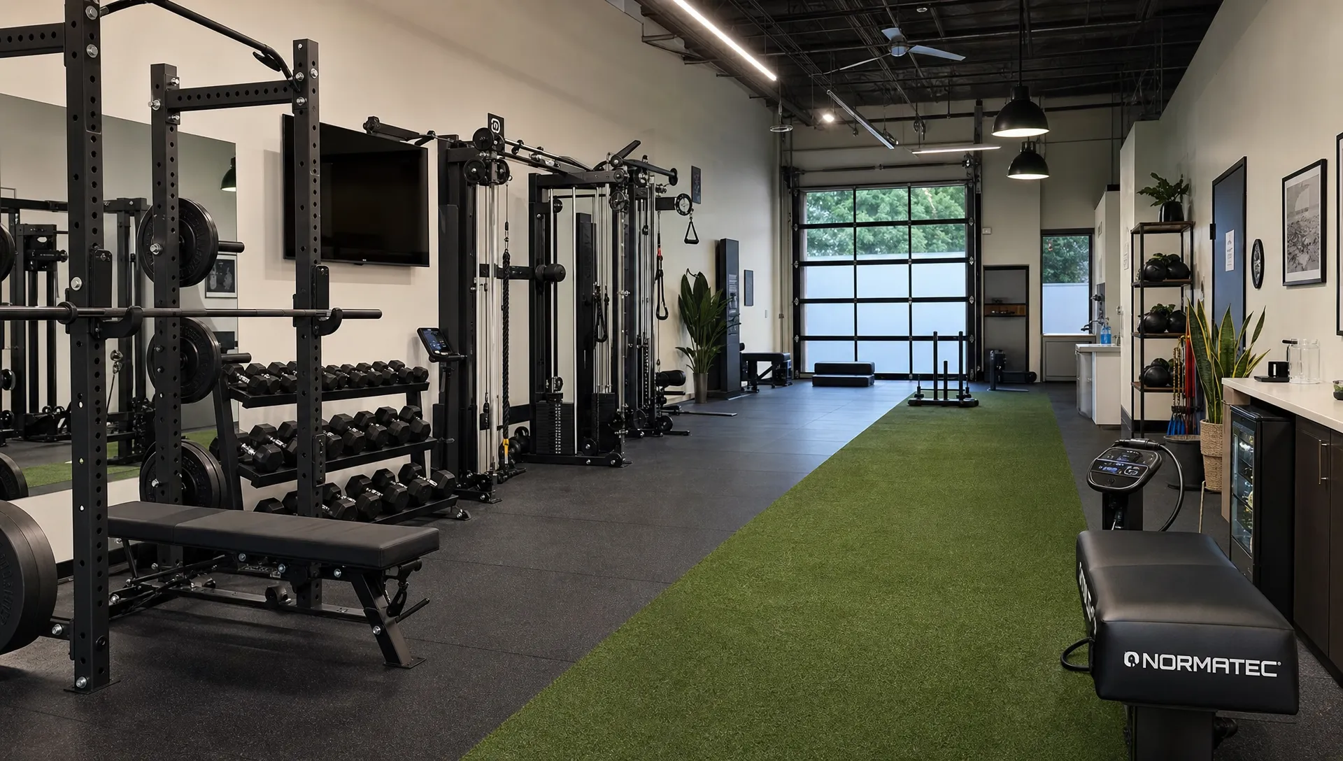 A wide indoor view of a private training studio with squat racks, cable machines, dumbbells, open turf space, and recovery equipment arranged for one-on-one coaching sessions.