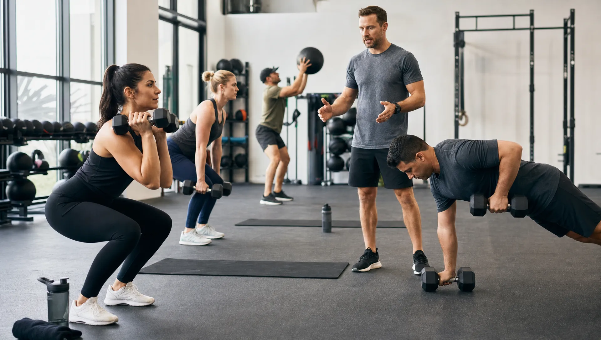 A small group fitness class in a bright training studio with adults performing strength and conditioning movements under the guidance of a coach, with free weights, mats, and open floor space arranged neatly.