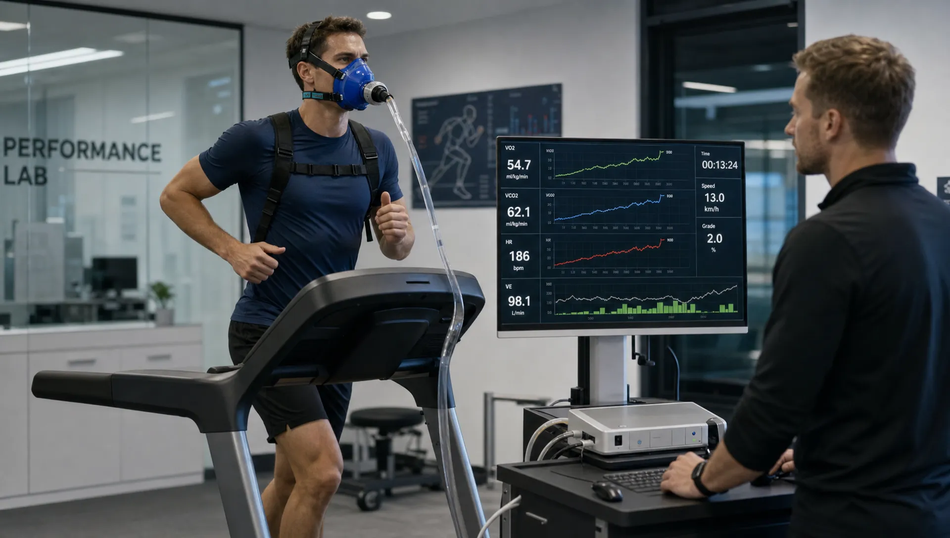 An athlete runs on a treadmill during a VO2 max test while a coach monitors breathing data and performance metrics from a side console in a modern fitness lab.