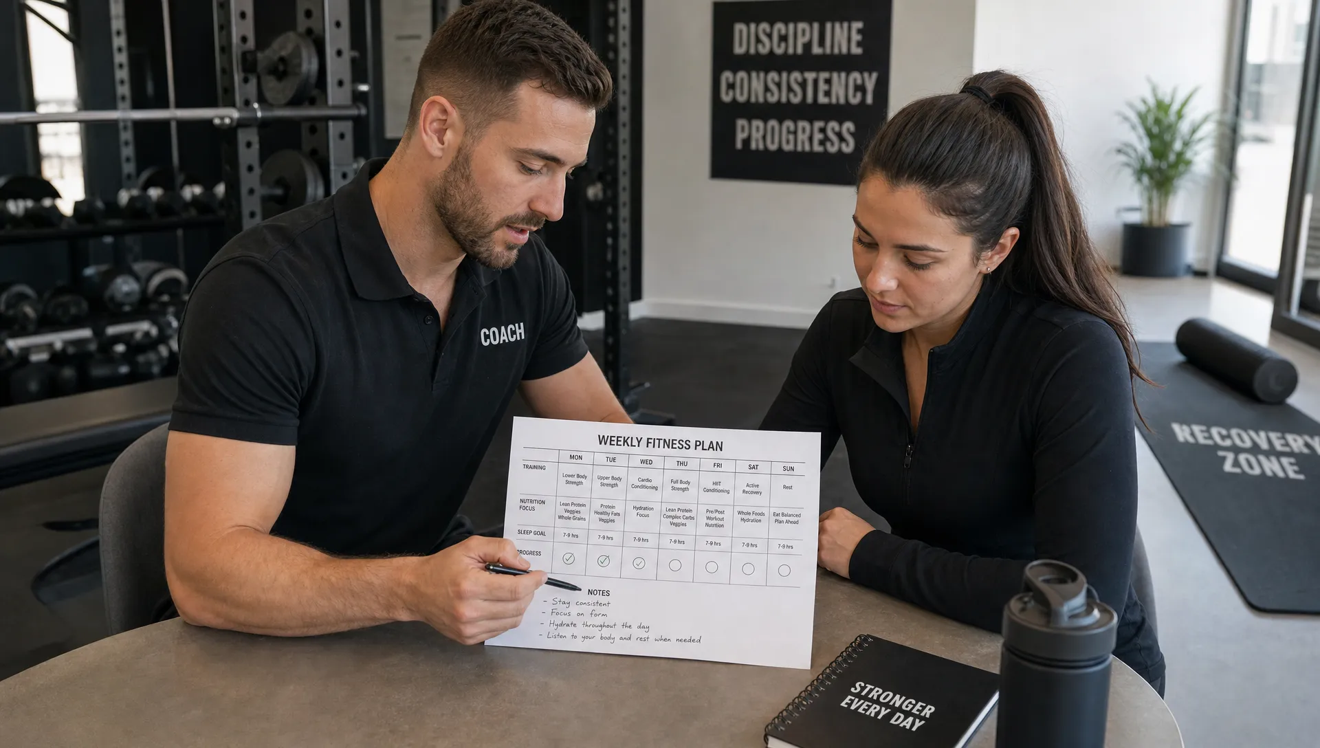 A coach and client review a printed weekly fitness plan at a consultation table beside strength equipment and a recovery mat, with notes about training days, nutrition, sleep, and progress markers, in a modern studio setting.