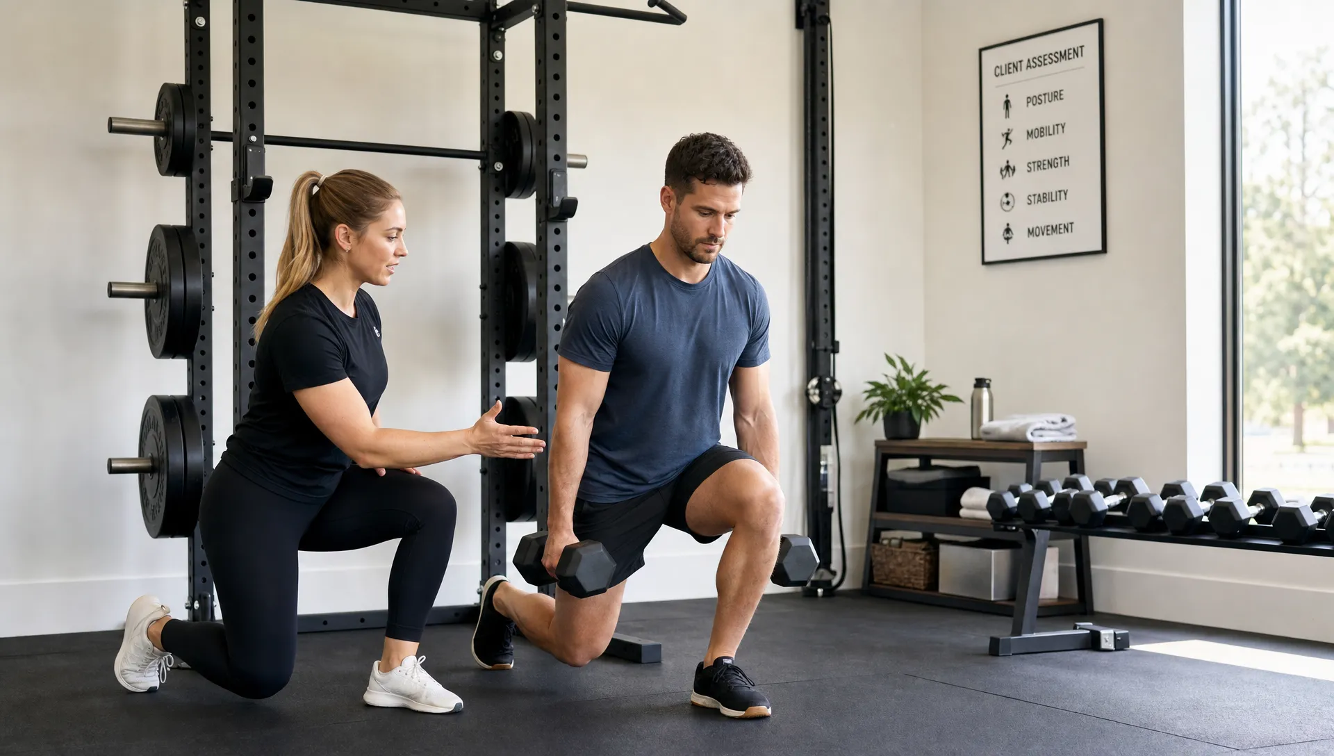 A personal trainer coaches a client through a controlled strength exercise beside a squat rack in a bright indoor training studio, with dumbbells and assessment tools visible off to the side.