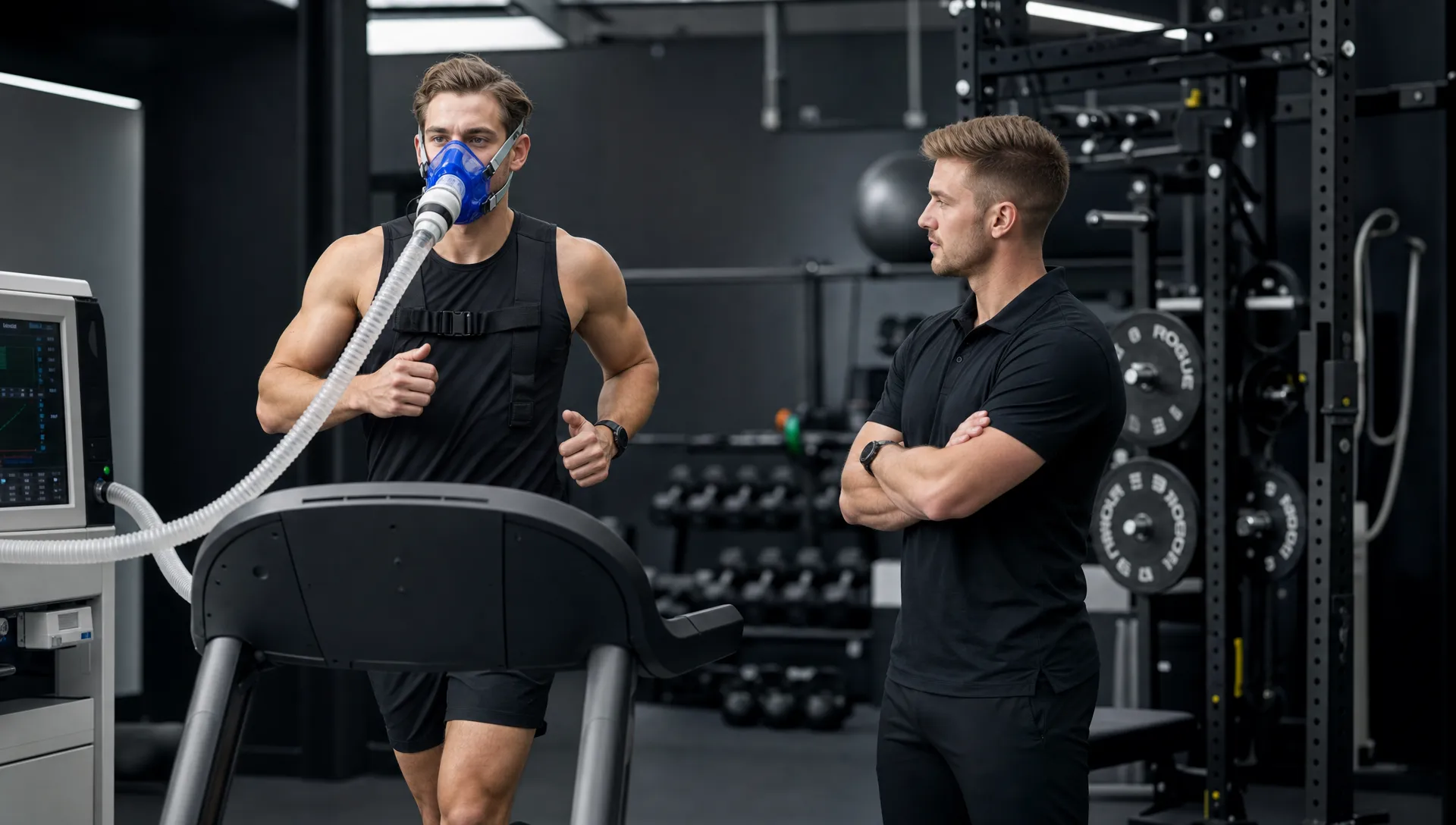 A runner on a treadmill wearing a metabolic testing mask while a coach watches posture and effort from the side in a modern performance studio with strength equipment in the background.