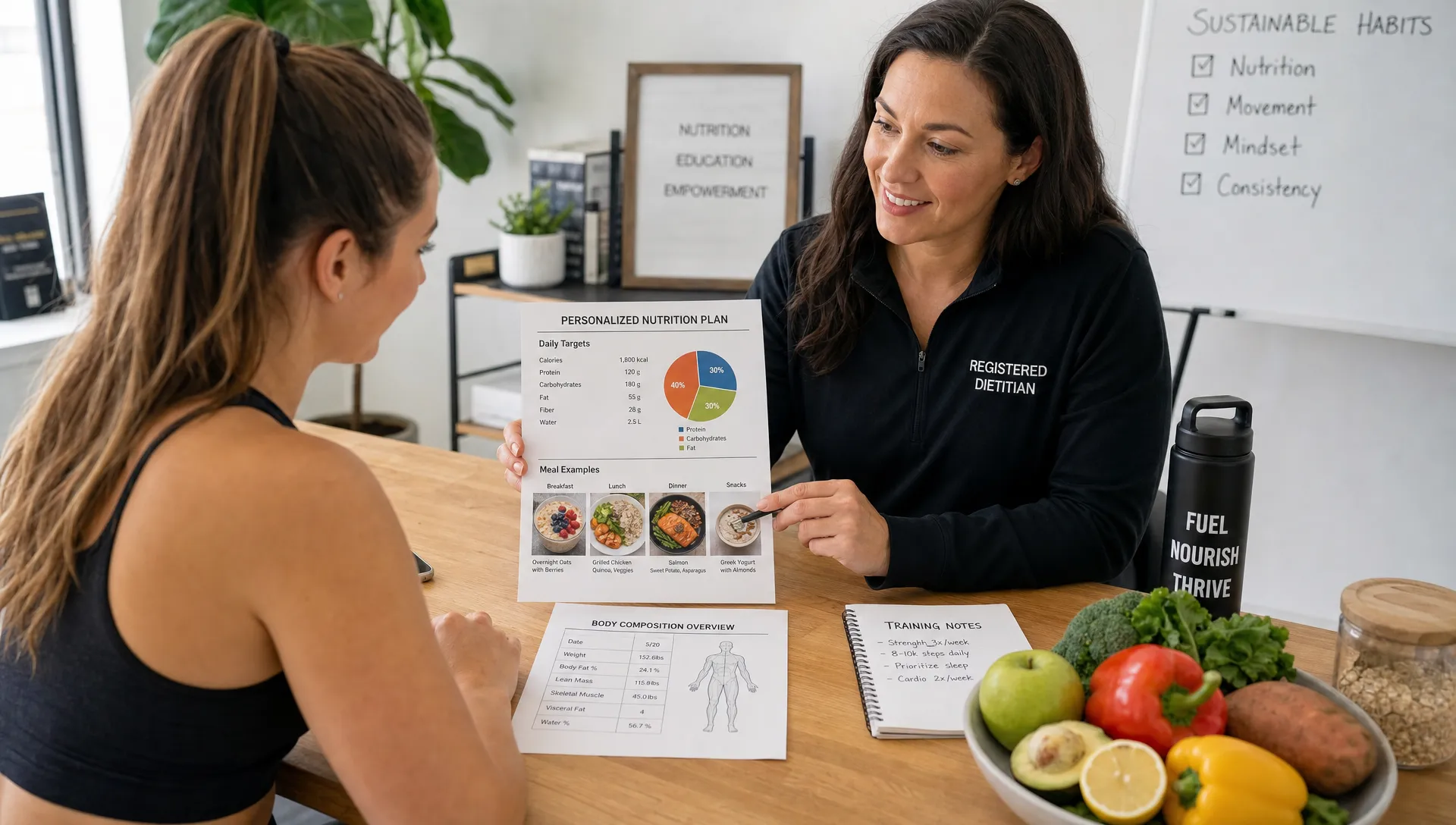 A registered dietitian and client reviewing a printed nutrition plan, body composition notes, and meal examples at a consultation table in a bright studio office. Fresh whole foods, a water bottle, and training notes are arranged nearby to show a personalized nutrition session.