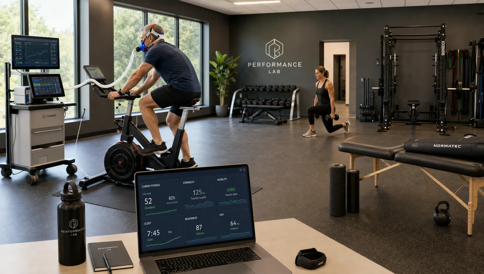 A modern training studio interior with strength equipment, a cardio testing station, and recovery tools arranged around an open floor, showing a data-driven approach to fitness in midlife.