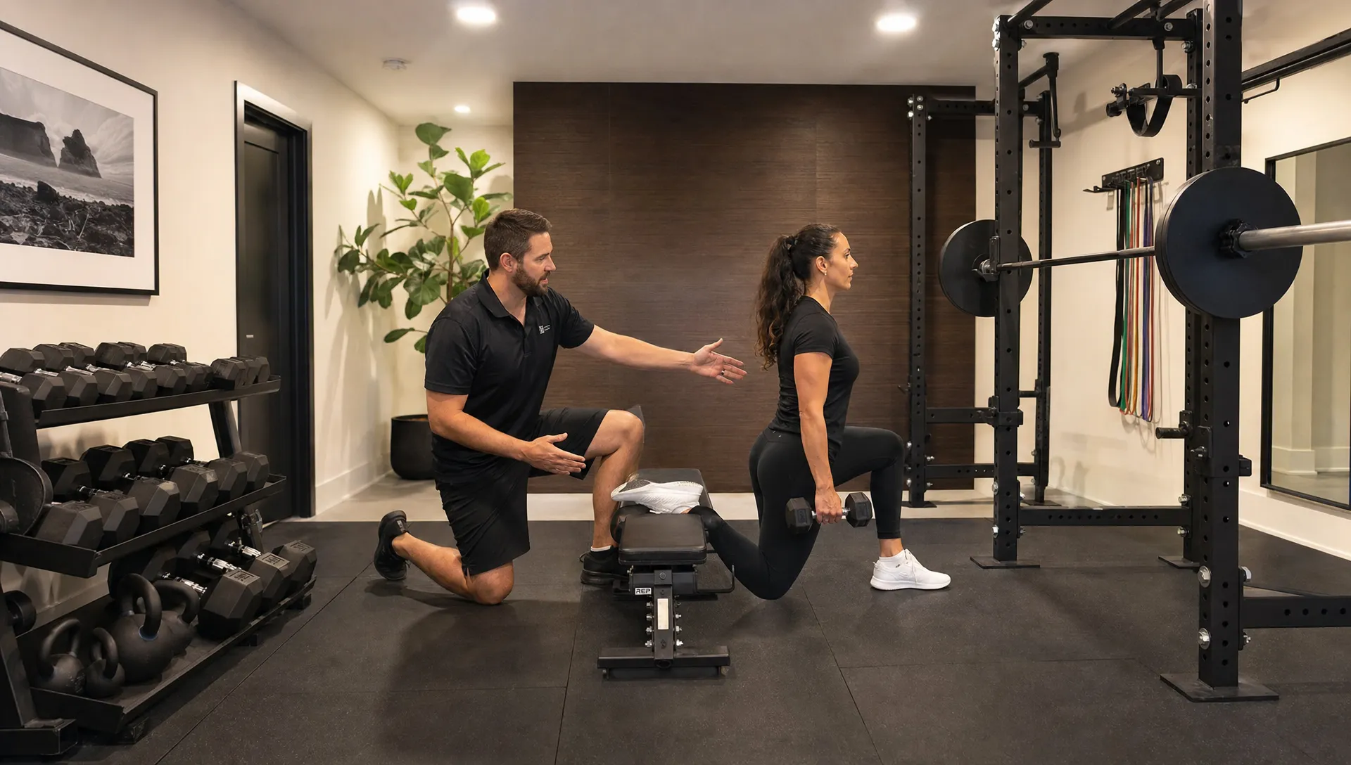 A personal trainer coaches a professional through a controlled strength exercise beside a squat rack in a private training studio, with a bench, dumbbells, and open floor space visible from a slightly wider angle.