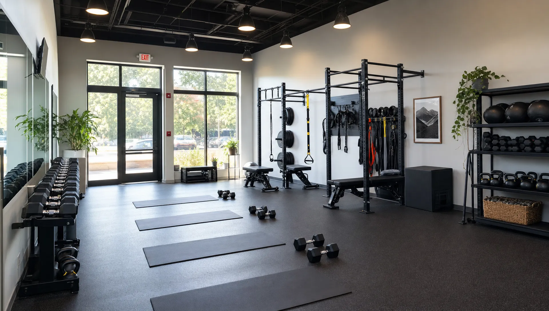 A bright boutique fitness studio with small-group training equipment, free weights, mats, and open floor space arranged for both group classes and one-on-one coaching.