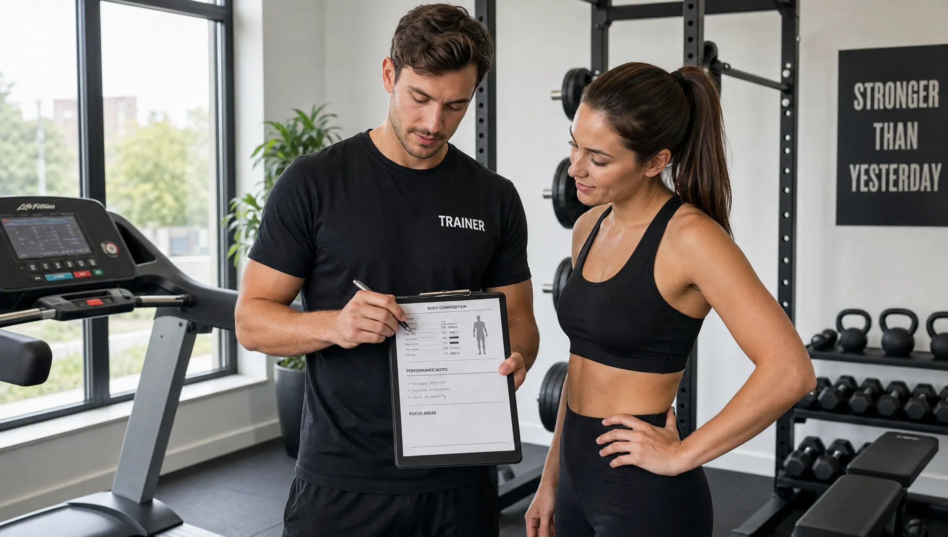 A trainer and client in a modern fitness studio reviewing body composition and performance notes on a clipboard, with strength equipment and a treadmill nearby.