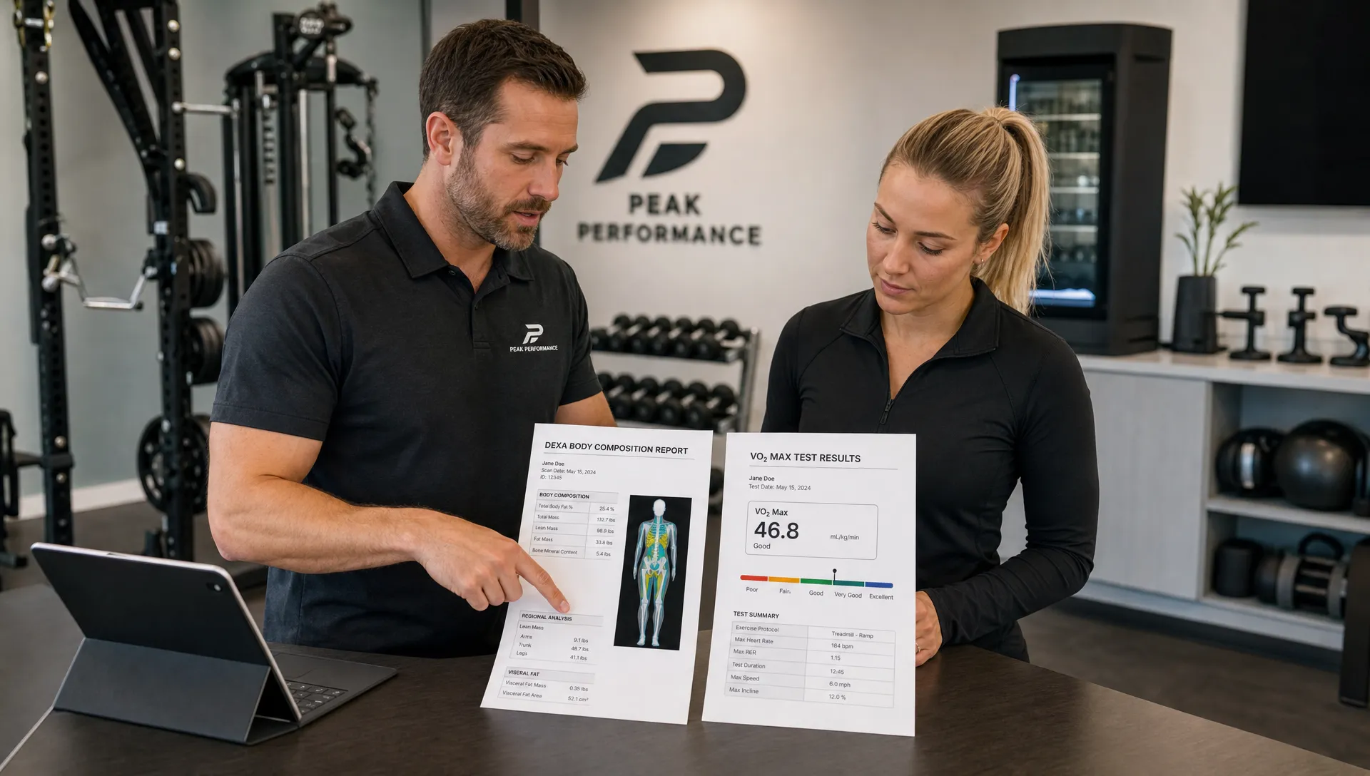A coach reviews body composition and fitness testing results with a client at a standing consultation counter inside a private training studio, with a DEXA-style printout and VO2 max report visible in the foreground and strength equipment and recovery tools softly visible behind them.