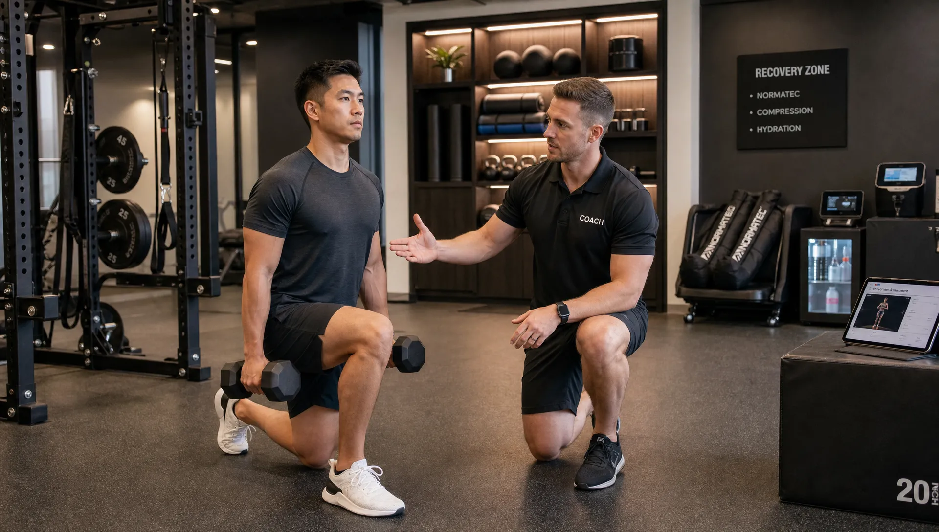 A personal trainer coaches an adult through a controlled strength exercise in a premium gym, with recovery equipment and fitness testing tools visible farther back in the room.