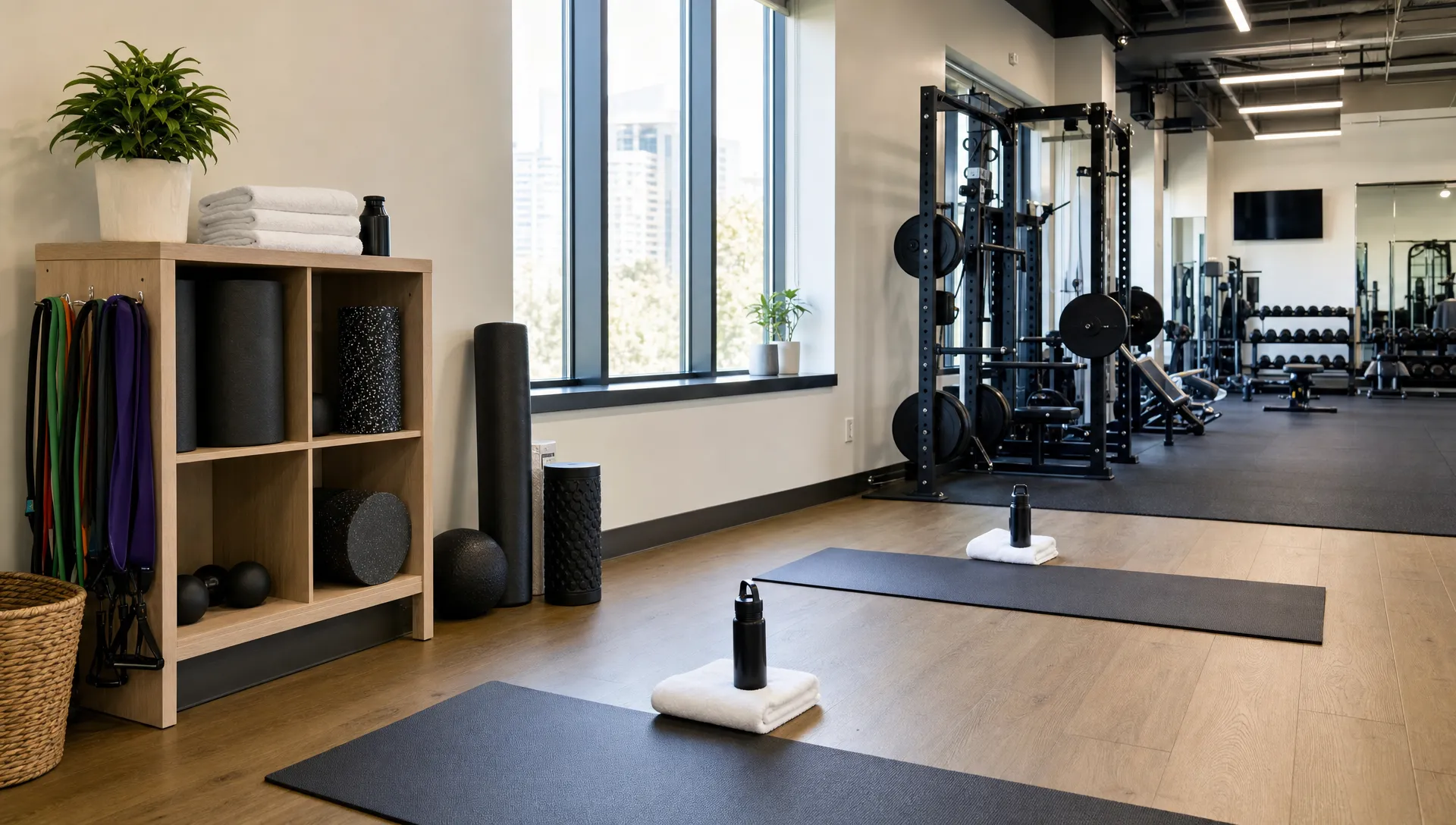 A bright recovery area in a modern fitness studio with foam rollers, resistance bands, towels, water bottles, and a quiet stretching space beside strength equipment, shown from a slightly angled view with the stretching area in the foreground and the weights farther back.