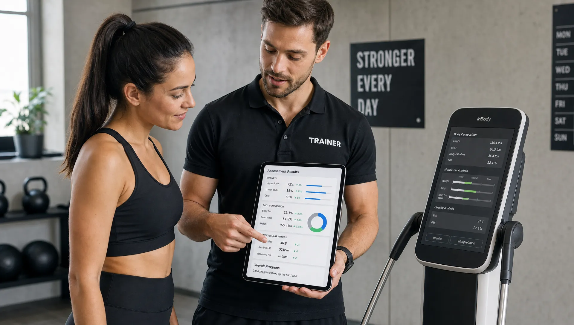 A trainer and client stand beside a testing station in a modern training studio, reviewing strength, body composition, and cardiovascular fitness results on a tablet facing the camera while discussing changes to the workout plan.