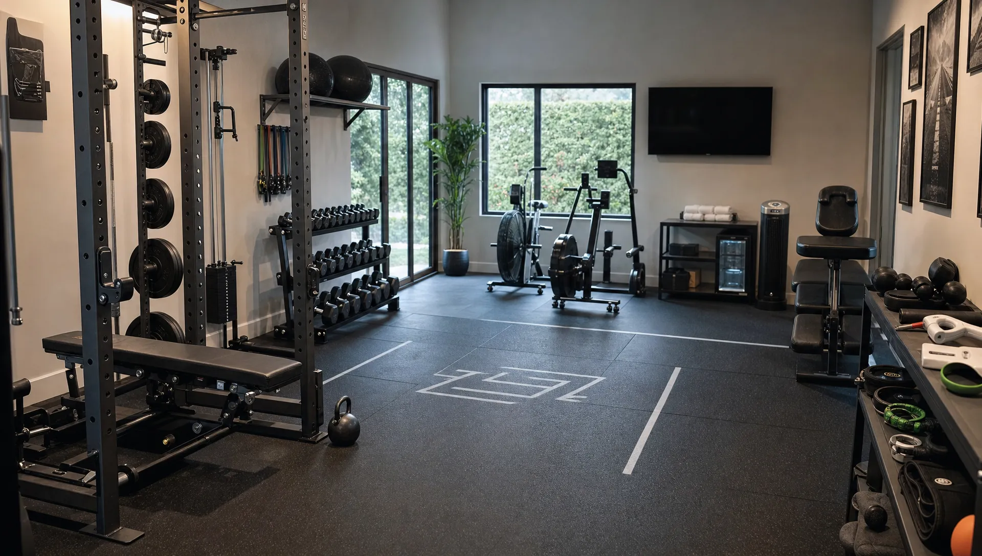 A quiet private training gym with strength equipment, open floor space, cardio machines, and recovery tools arranged neatly for one-on-one coaching.