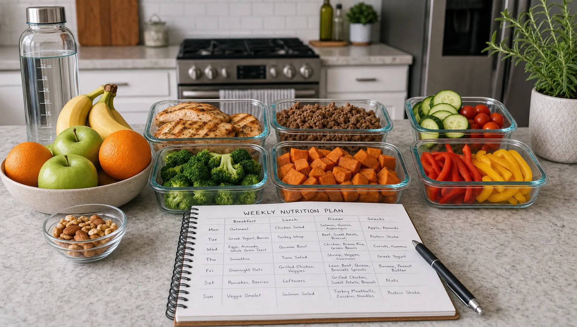 A neatly organized kitchen counter with prepared protein, vegetables, fruit, water, and a notebook showing a simple weekly nutrition plan.