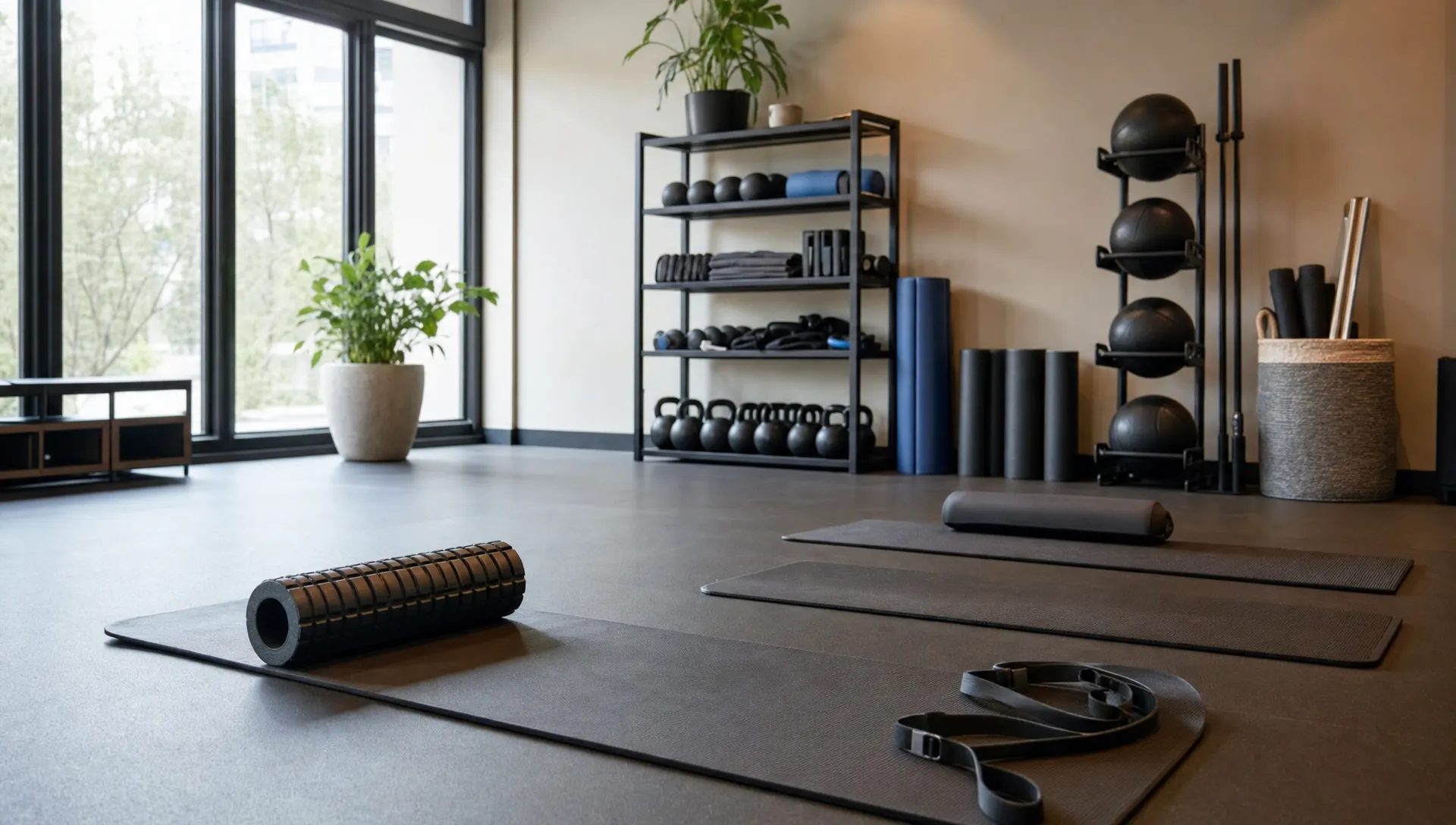 A quiet recovery zone inside a modern fitness studio with mobility mats, a foam roller, stretching straps, open floor space, and organized recovery equipment arranged for post-workout restoration.