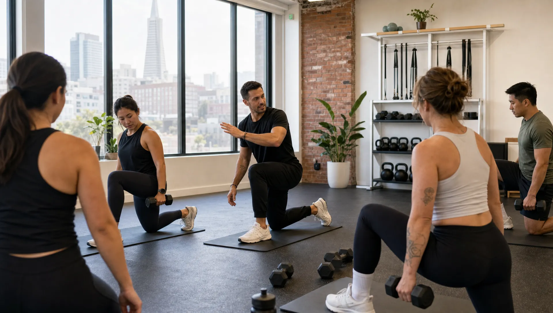 A small group fitness class in a San Francisco studio follows a coach through strength and mobility drills with dumbbells and mats.