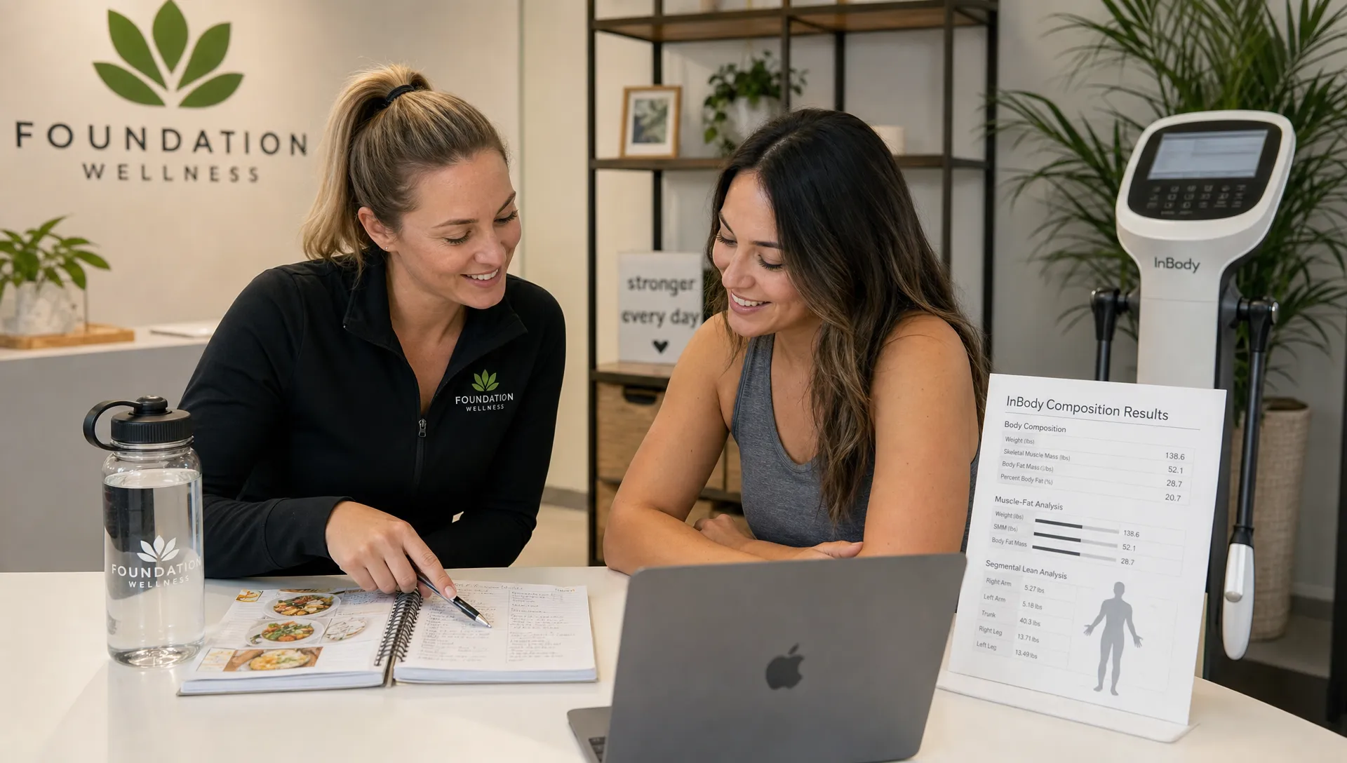 A coach and client review a meal notebook, water bottle, and body composition results beside a laptop in a wellness studio.