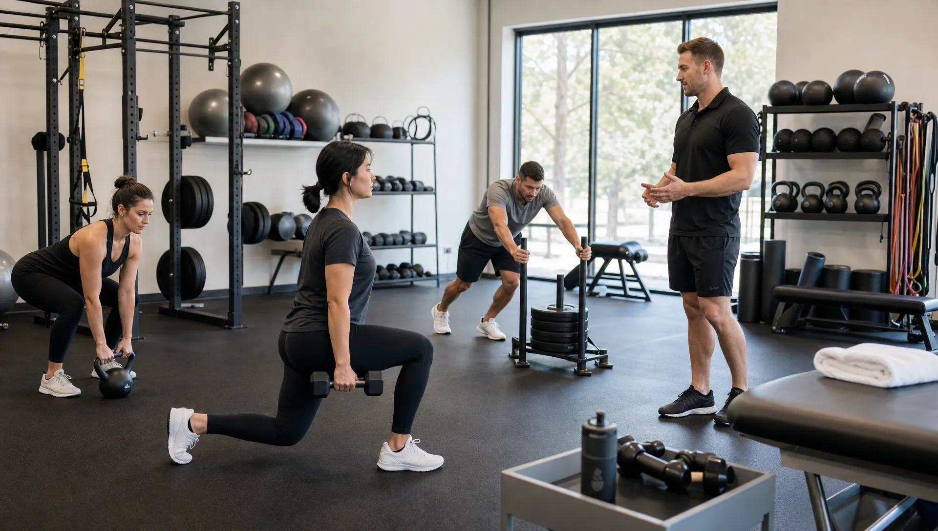 Professionals in a training studio move through a small group strength session with a coach nearby, with resistance equipment and recovery tools around the open floor.
