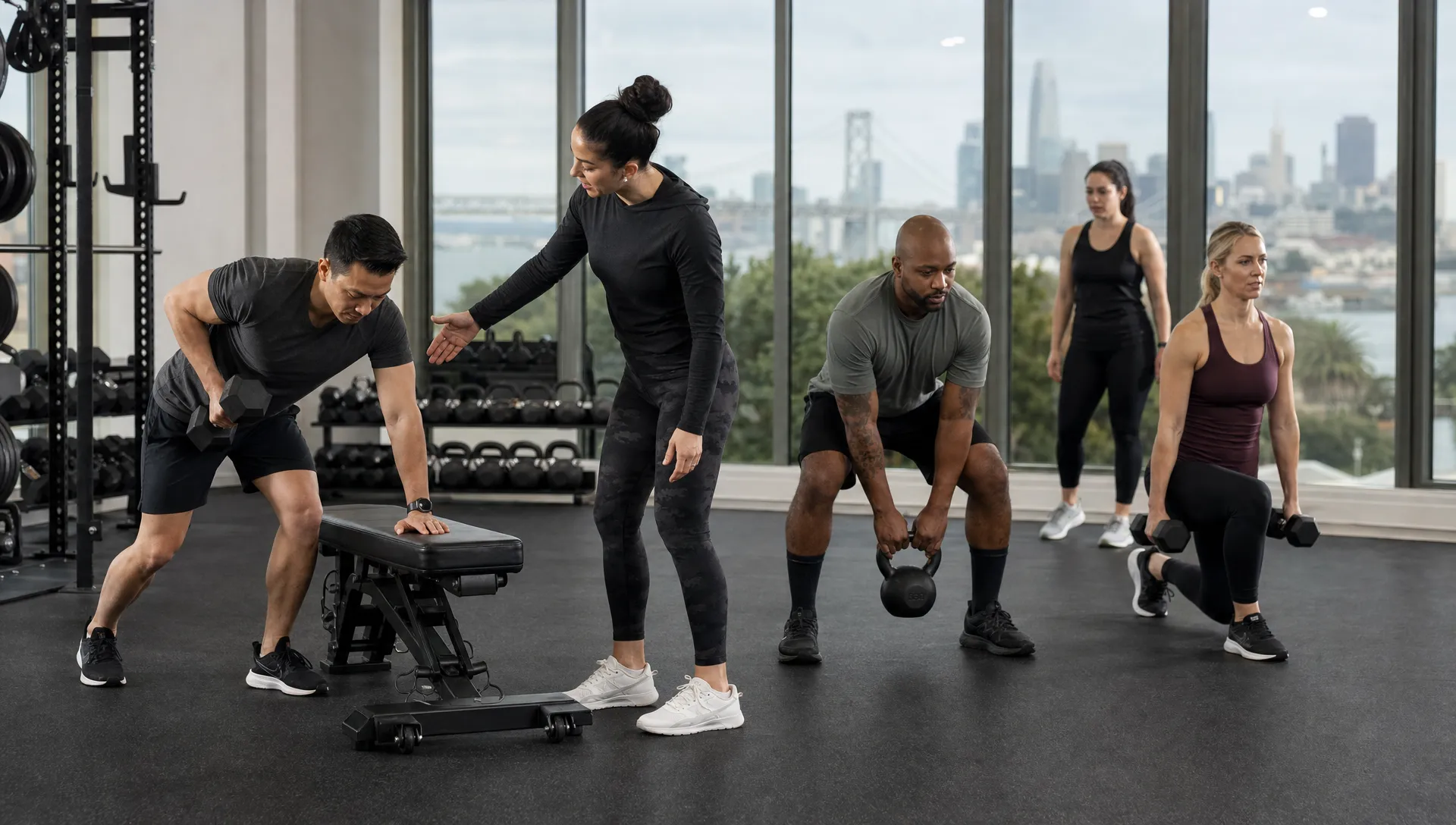 A coach guides adults through dumbbell rows, kettlebell deadlifts and lunges in a San Francisco strength class.