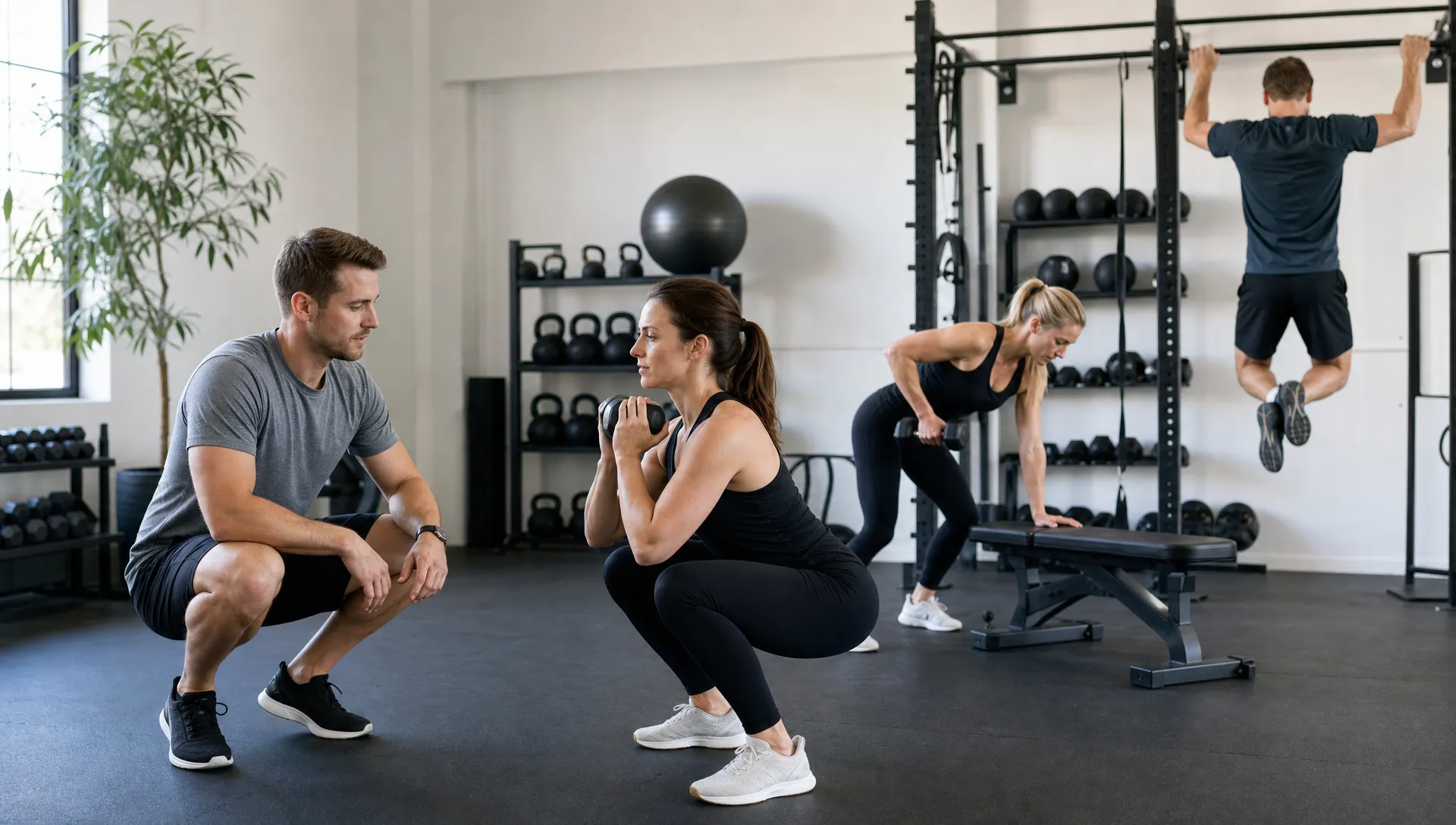 A coach watches one client’s squat while two others do different strength exercises in a small group session.
