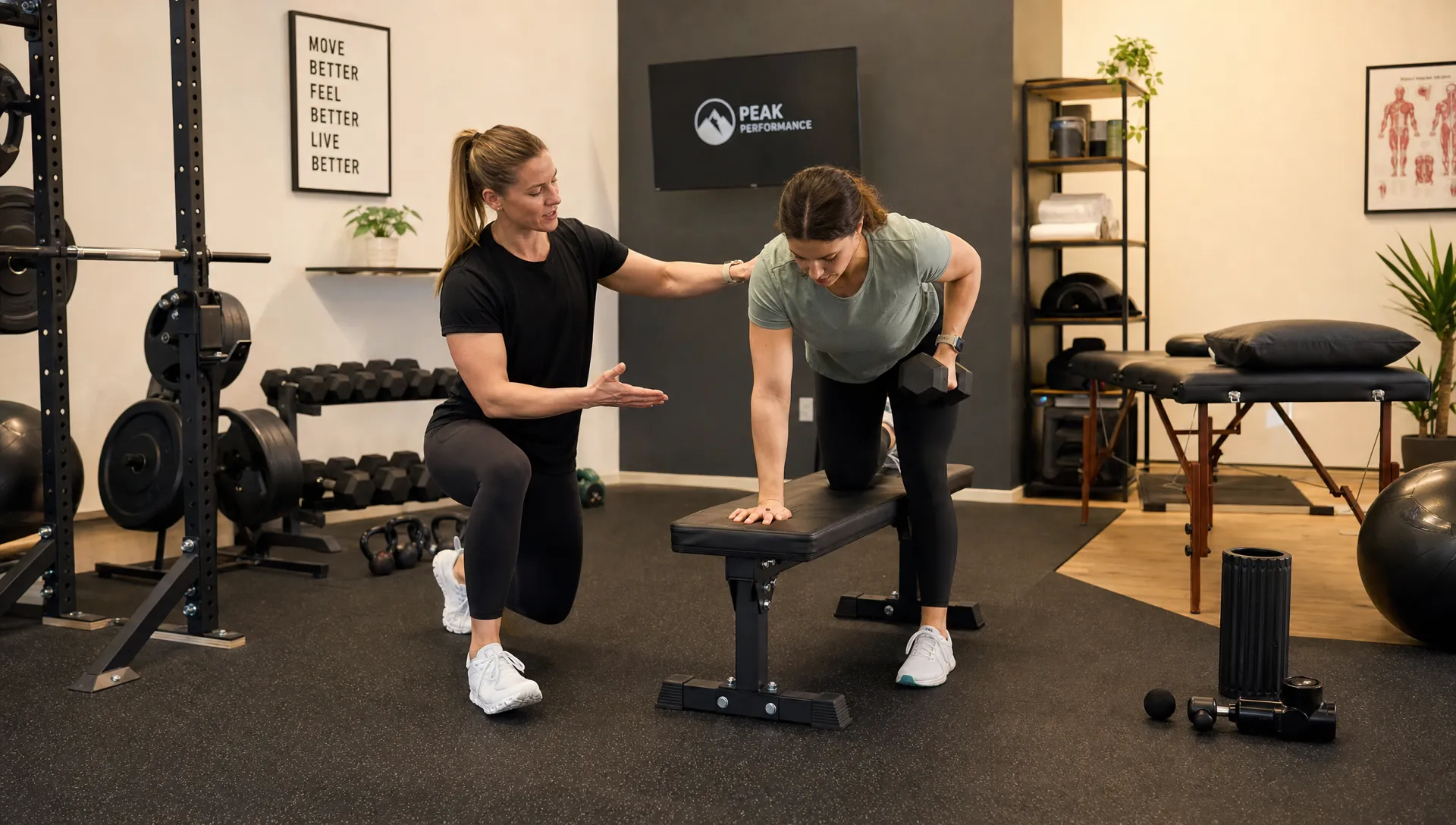 A trainer coaches a client through a controlled strength exercise in a private studio with assessment tools, weights, and recovery gear nearby.