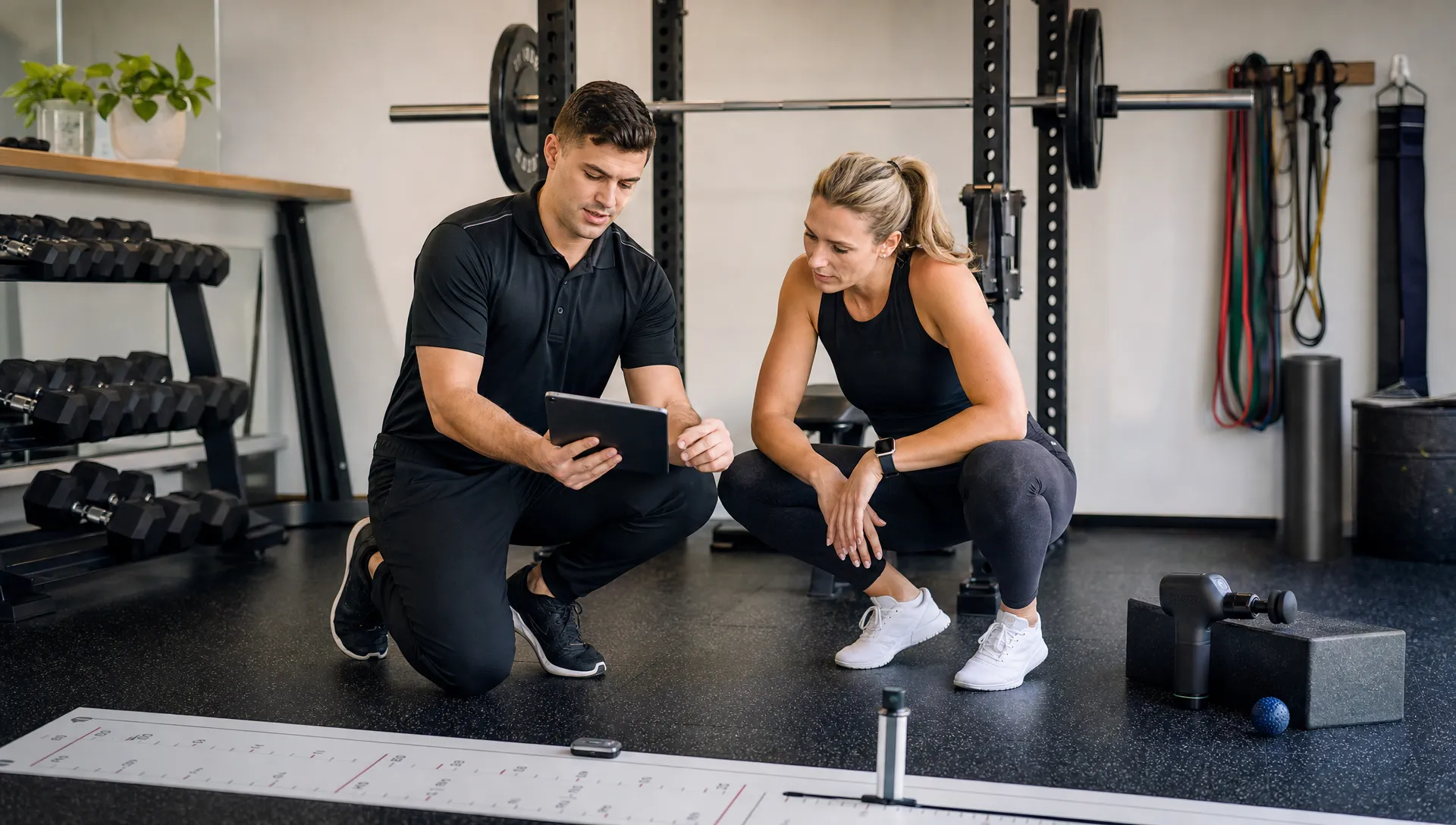 A personal trainer and client review a movement assessment in a private gym, with a squat rack, testing equipment, and recovery tools nearby.