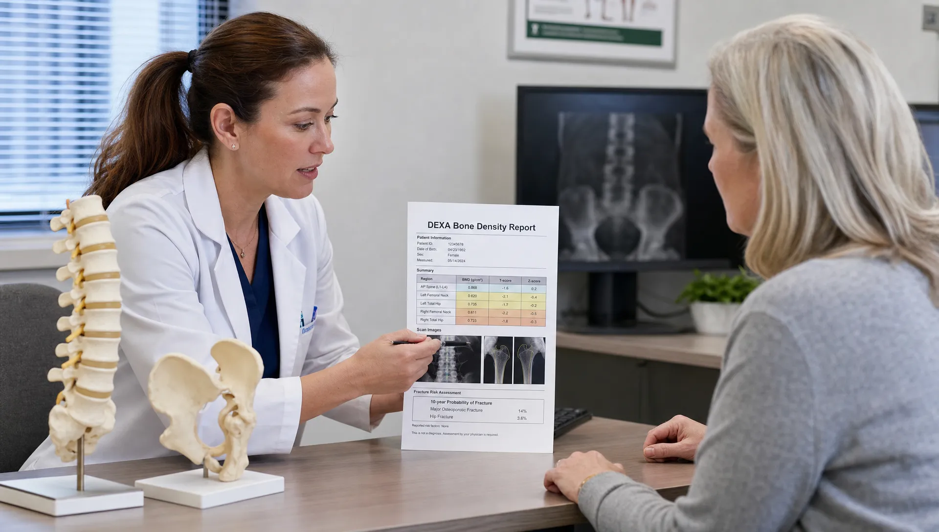 A health professional reviews a DEXA bone density report with an adult client at a consultation table, with hip and spine models nearby.