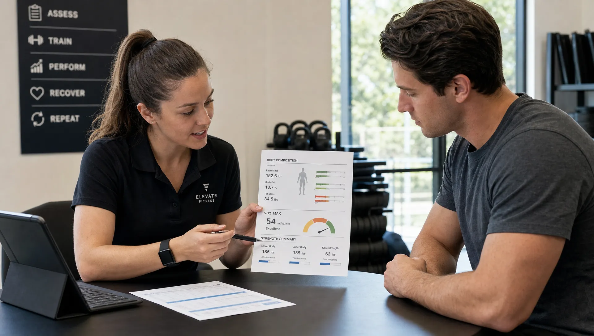 A fitness professional and client review printed body composition, VO2 max and strength results at a consultation table in a training studio.