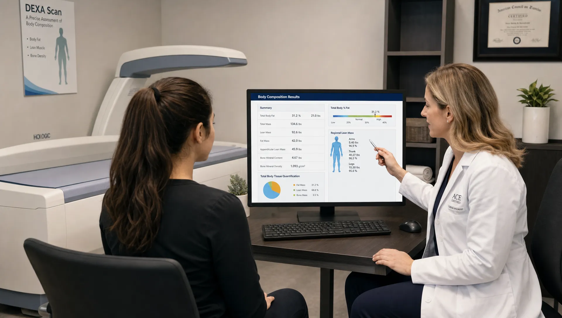 A DEXA scanner room with a consultation table and body composition results being reviewed by a credentialed professional and client.