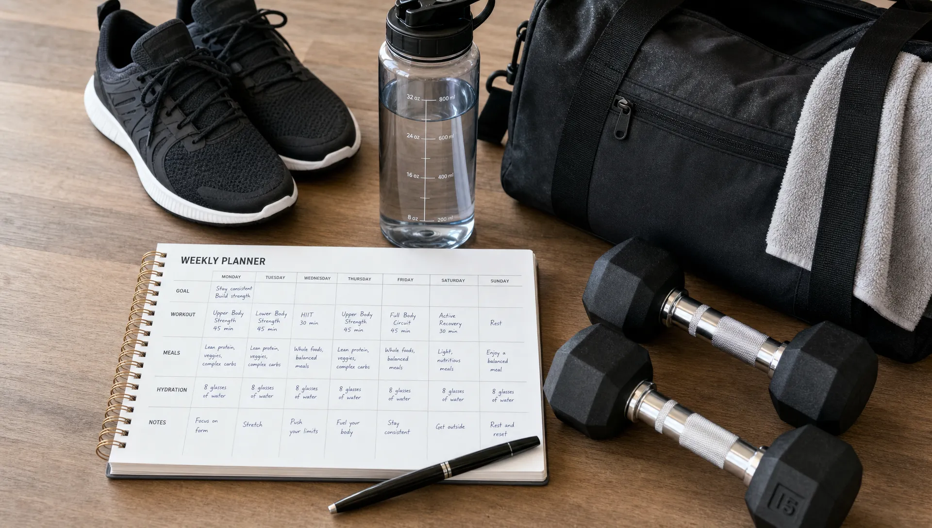 A weekly planner, training shoes, water bottle, gym bag, and dumbbells are arranged as a practical fitness routine for a busy schedule.