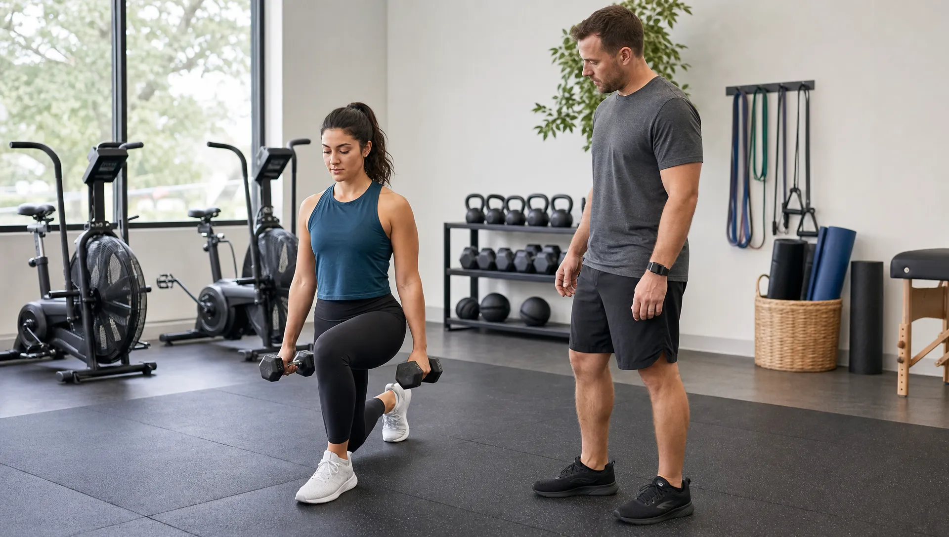 A coach watches an adult perform a controlled dumbbell exercise in a bright fitness studio, with cardio equipment and recovery tools behind them.