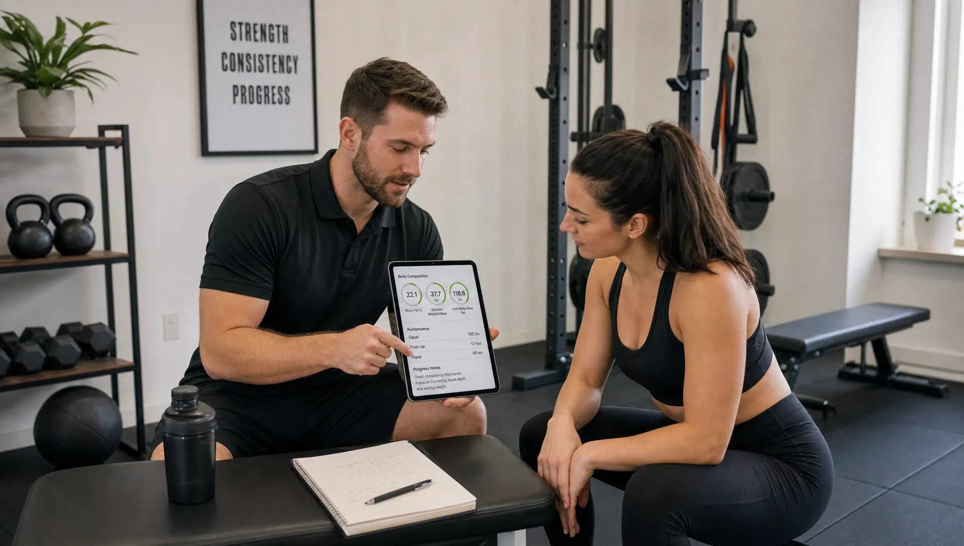 A coach and client review body composition and performance notes in a private fitness studio, with training equipment nearby as they shape an exercise plan.
