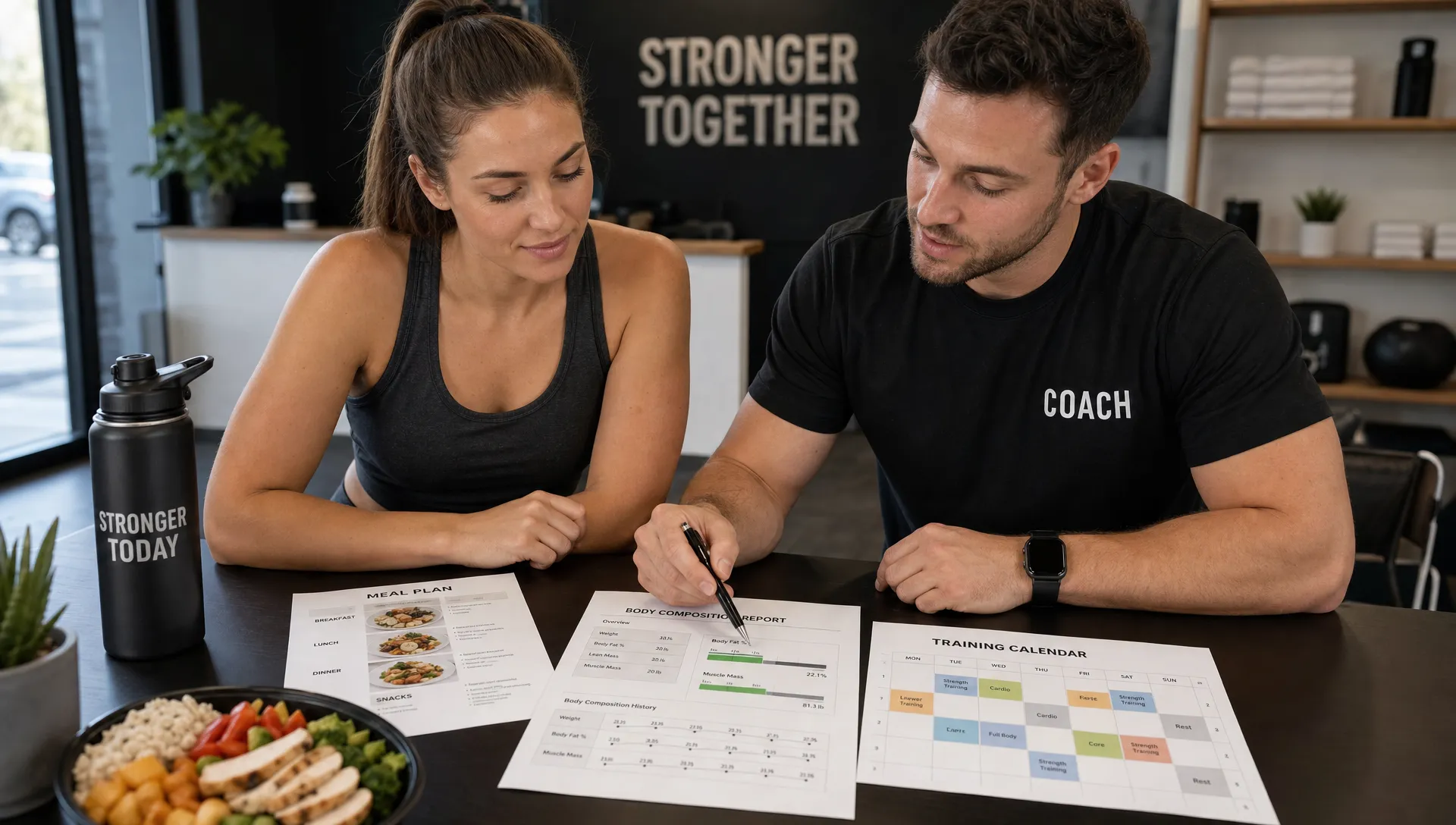 A client and coach review a printed meal plan, body composition report, and training calendar at a studio table with food and a water bottle nearby.