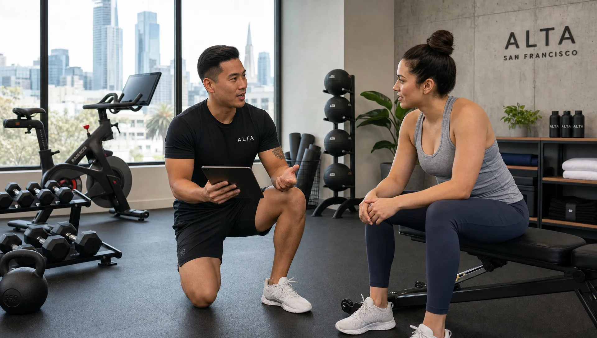 A personal trainer and client discuss training goals beside free weights, a stationary bike, and recovery tools in a San Francisco fitness studio.