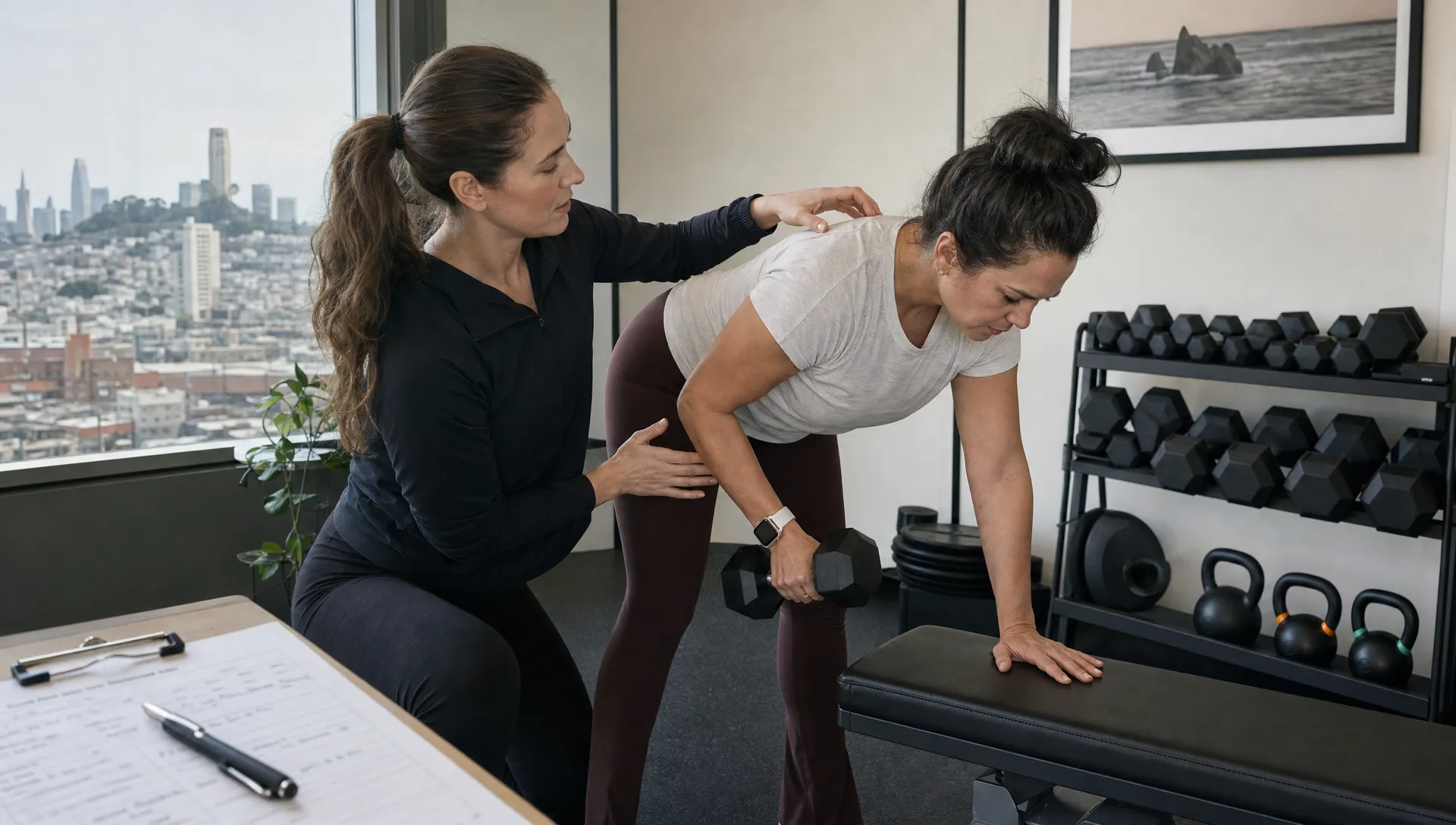 A coach cues an adult client through a strength exercise beside free weights and assessment notes in a private San Francisco studio.