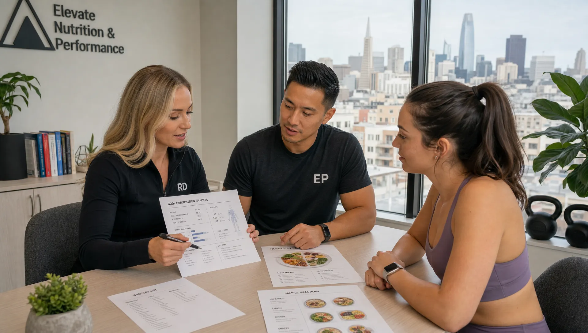 A registered dietitian and exercise physiologist review printed body composition notes and nutrition plans with a client in a San Francisco studio.