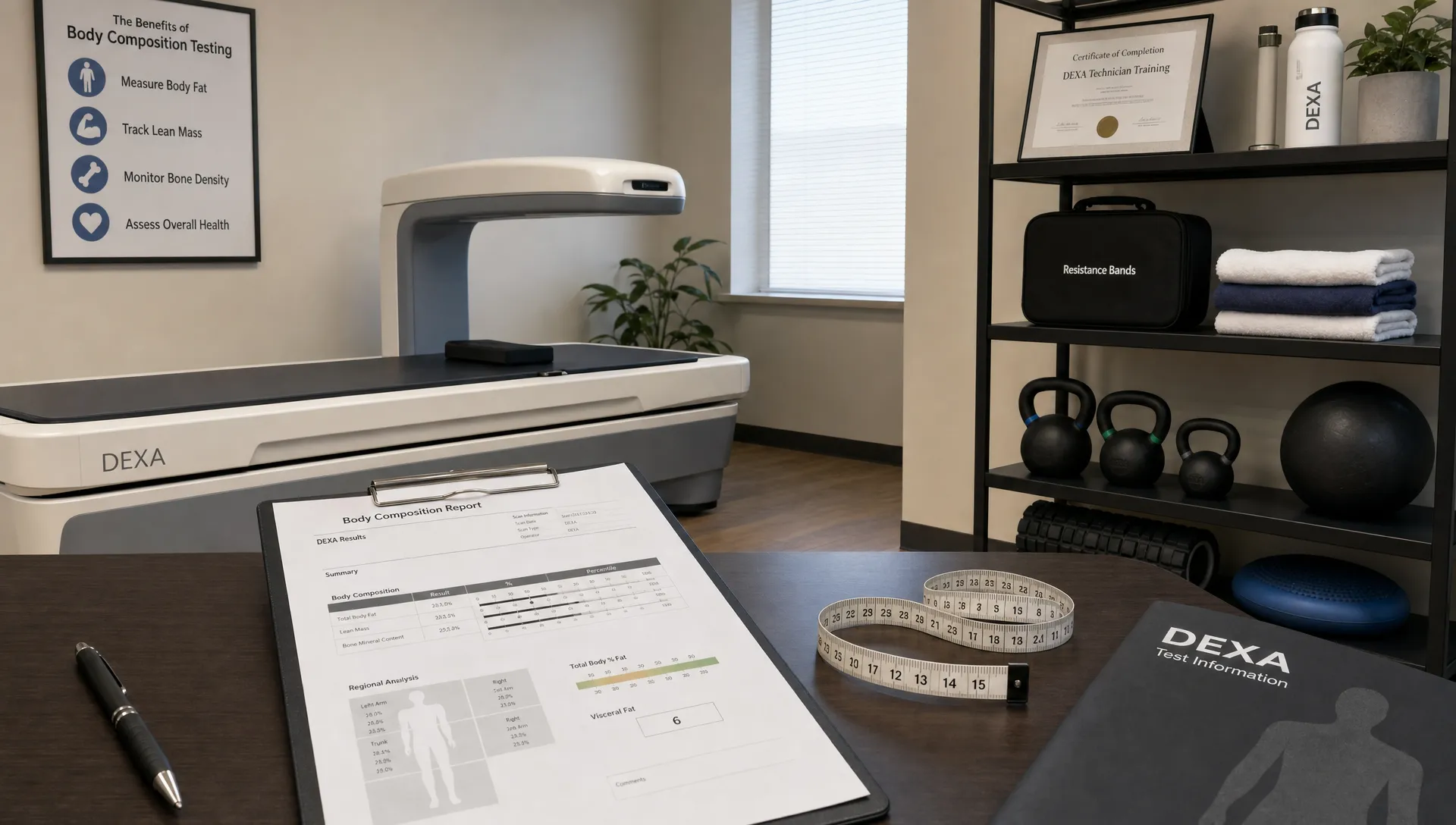 A calm testing room with a DEXA scan table, body composition report paperwork, a measuring tape, and training equipment nearby.