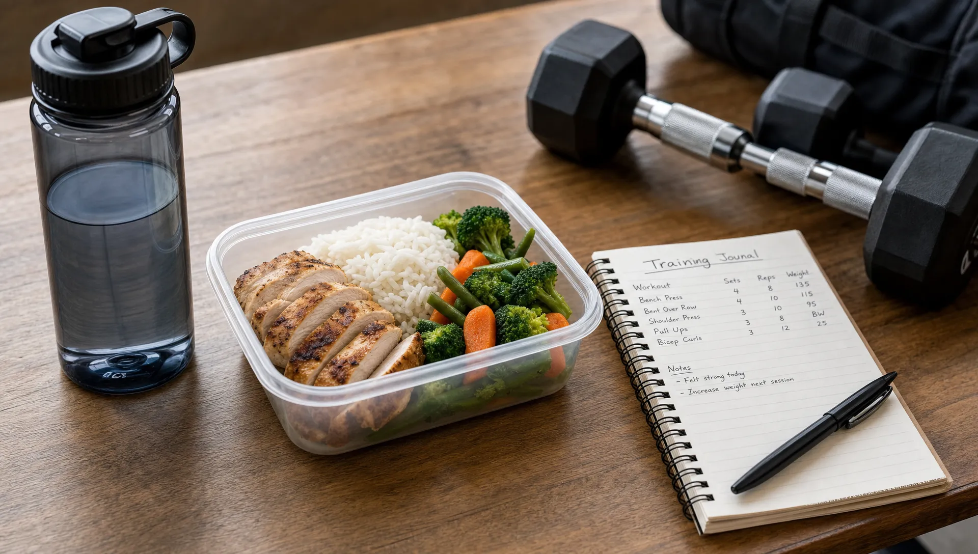 A balanced lifting meal with protein, rice, vegetables, a water bottle, and a training journal sits beside a pair of dumbbells.