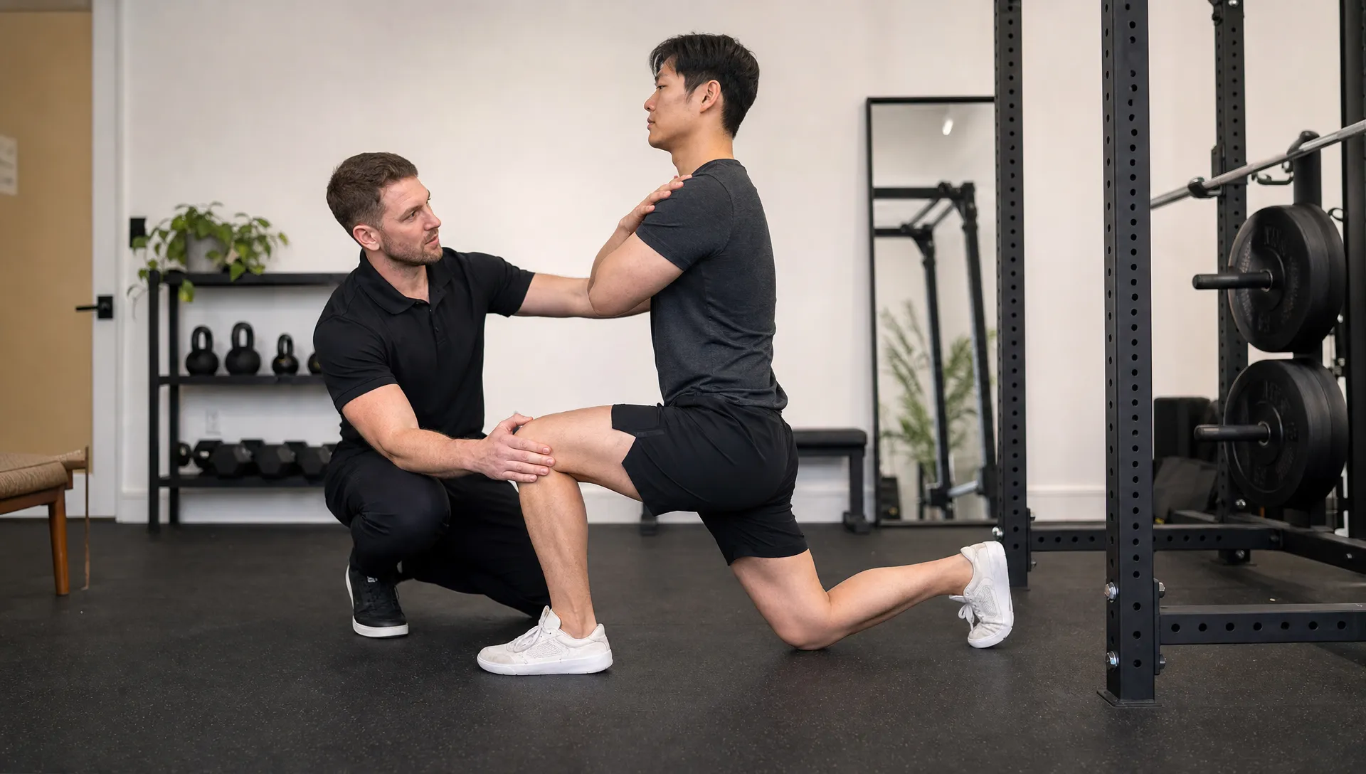 A coach guides a client through a controlled movement assessment beside a squat rack in a private training studio.