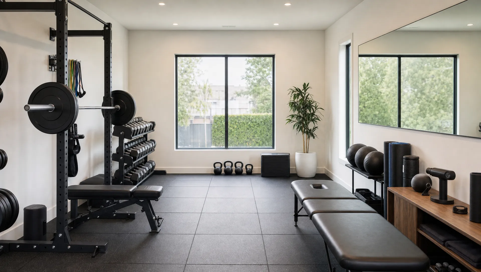 A calm private training studio with strength equipment, open floor space, recovery tools and natural light for focused one-on-one coaching.