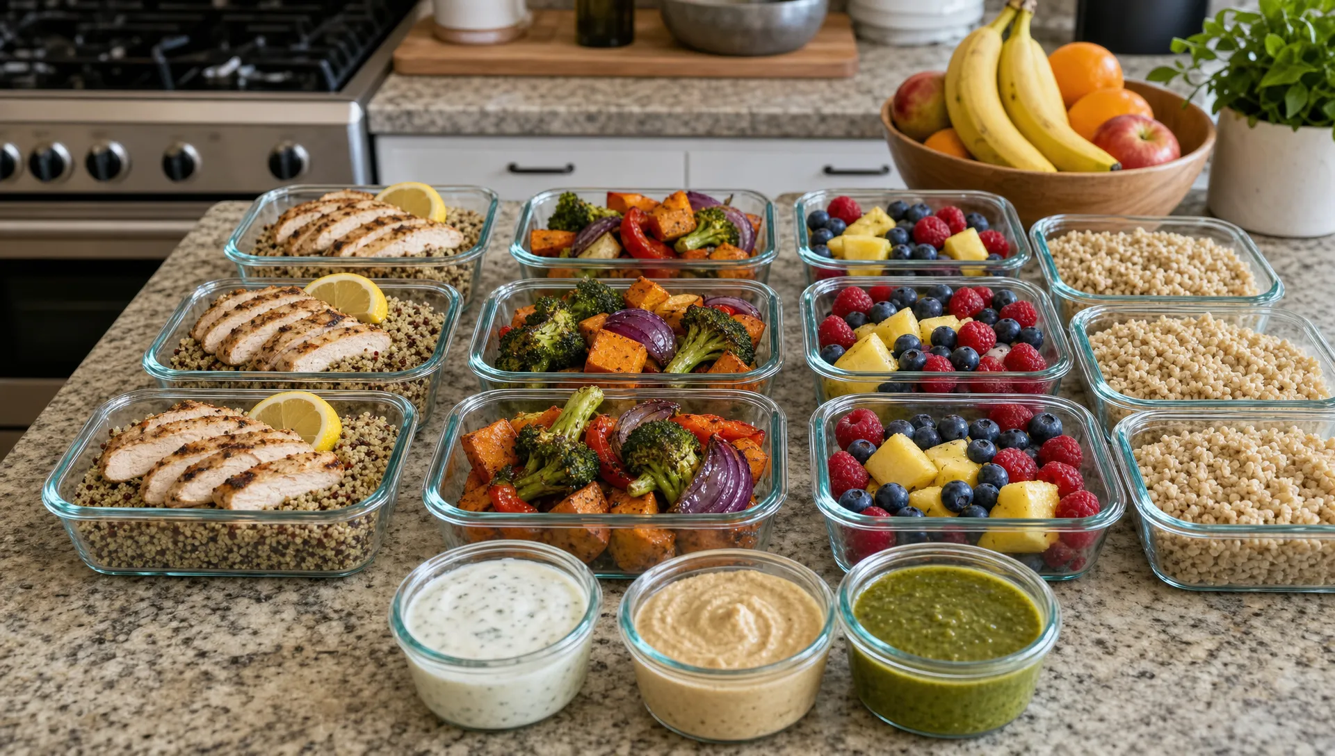 A kitchen counter holds prepared containers of lean protein, roasted vegetables, fruit, whole grains, and simple sauces for the week.