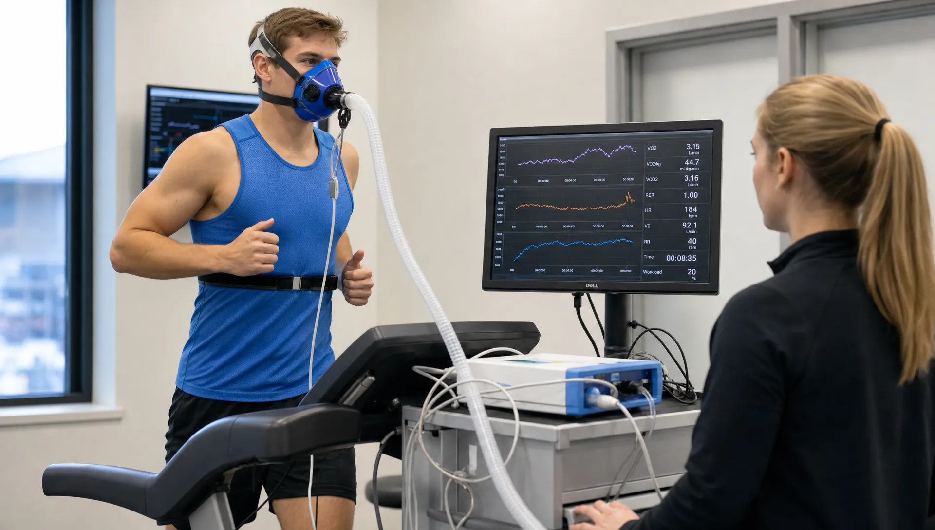 A client runs on a treadmill during a VO2 max test while an exercise physiologist monitors breathing data nearby.