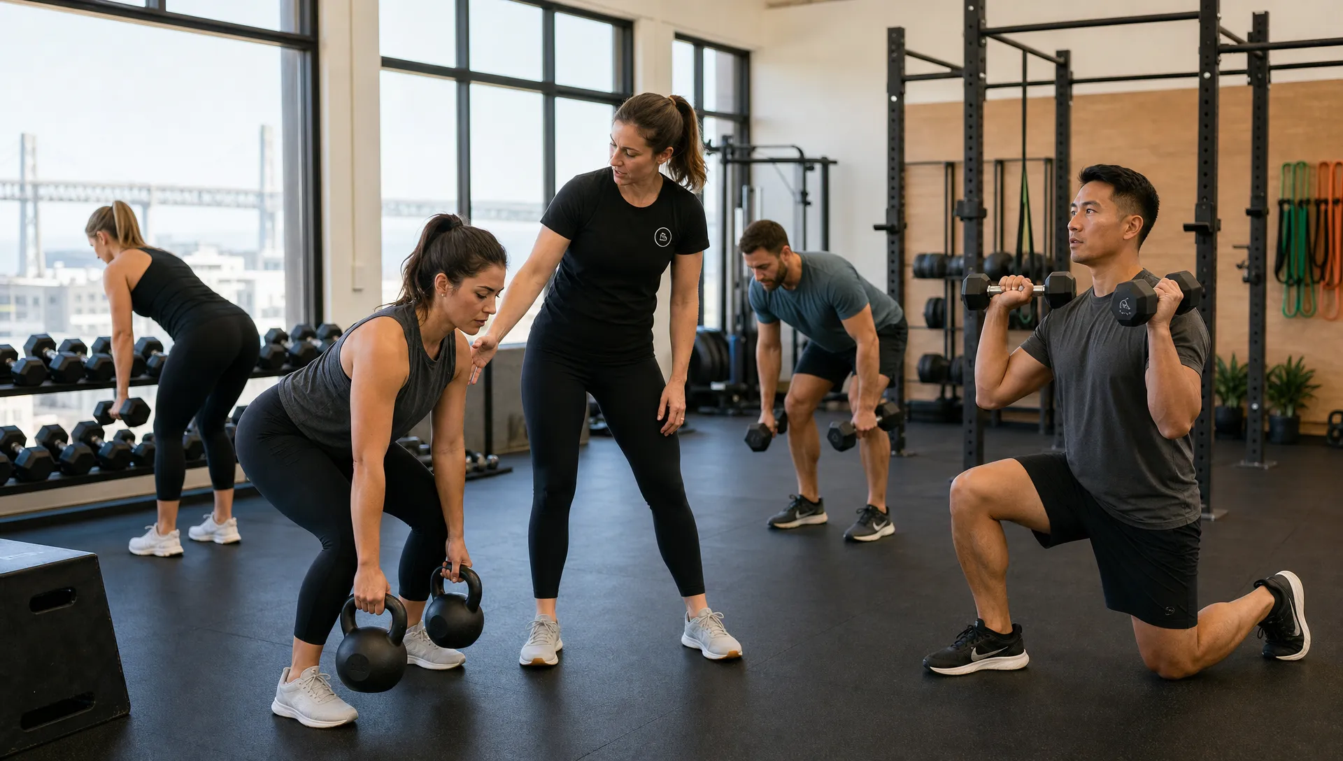 Adults in a coached group training session perform strength exercises with dumbbells and kettlebells while a trainer offers cues in a San Francisco studio.