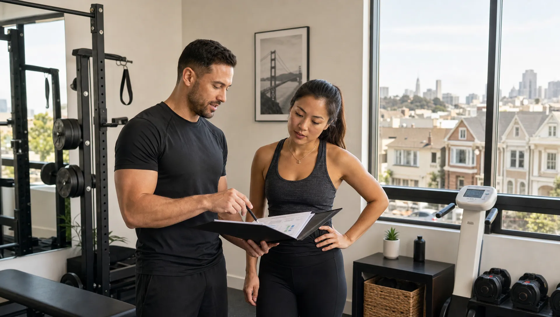 A client reviews body composition notes with a personal trainer in a private San Francisco studio beside exercise equipment and assessment tools.