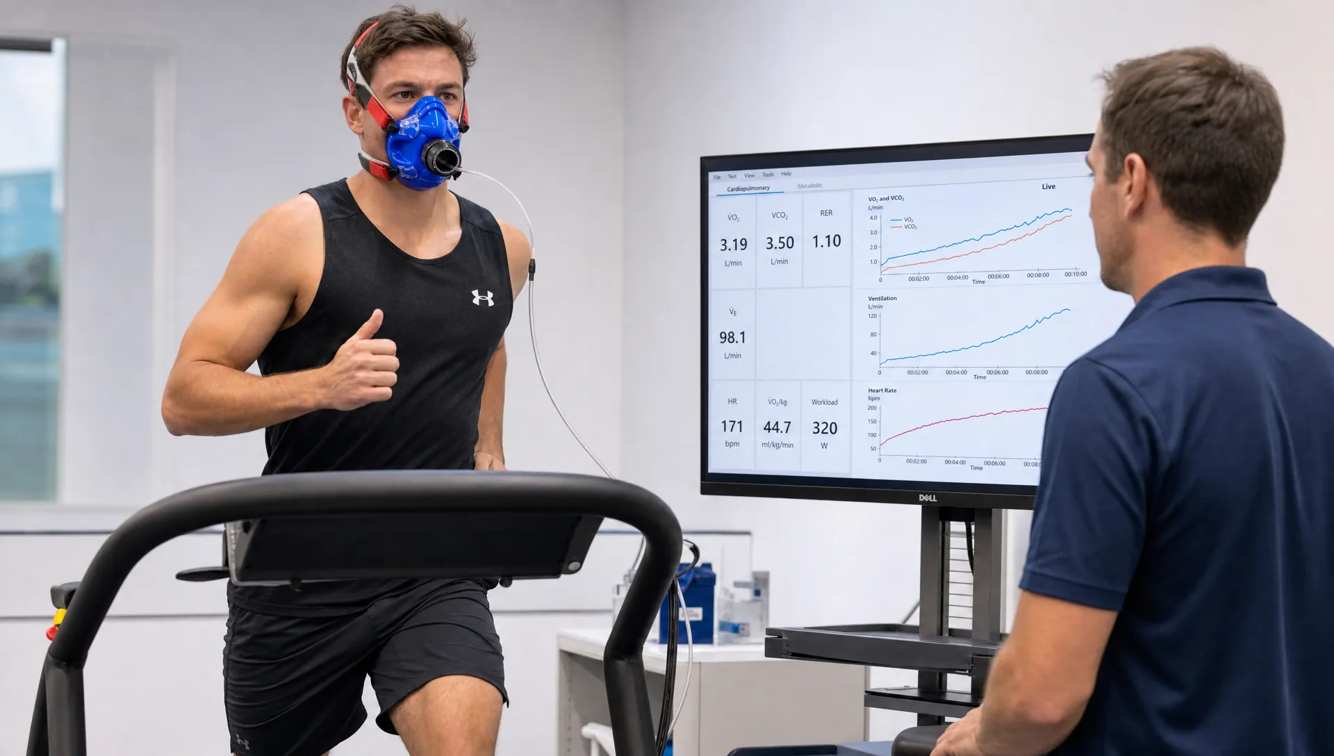 An adult athlete runs on a treadmill with a VO2 mask while a coach watches the test monitor beside them.